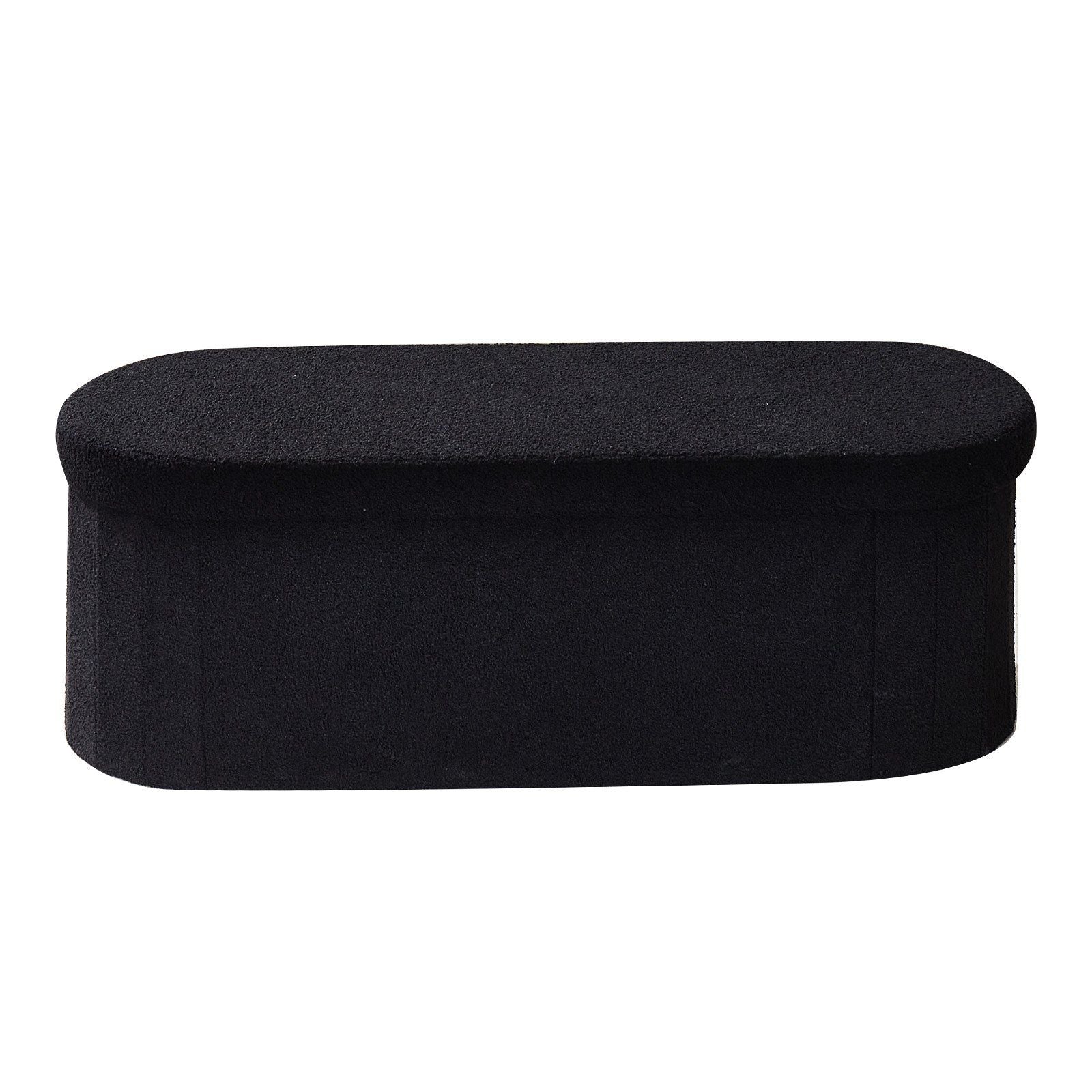 Oval Storage Ottoman Bench, Foldable Teddy Fleece End of Bed Bench, Folding Upholstered Bed Ottoman Chest with Large Storage Space, Supports 660 lbs, for Living Room, Bedroom, Entryway, Black