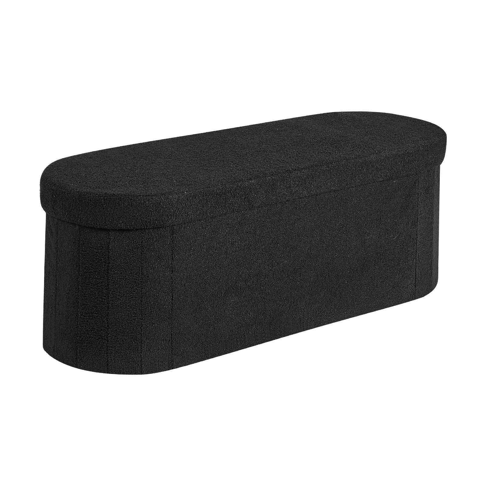 Oval Storage Ottoman Bench, Foldable Teddy Fleece End of Bed Bench, Folding Upholstered Bed Ottoman Chest with Large Storage Space, Supports 660 lbs, for Living Room, Bedroom, Entryway, Black