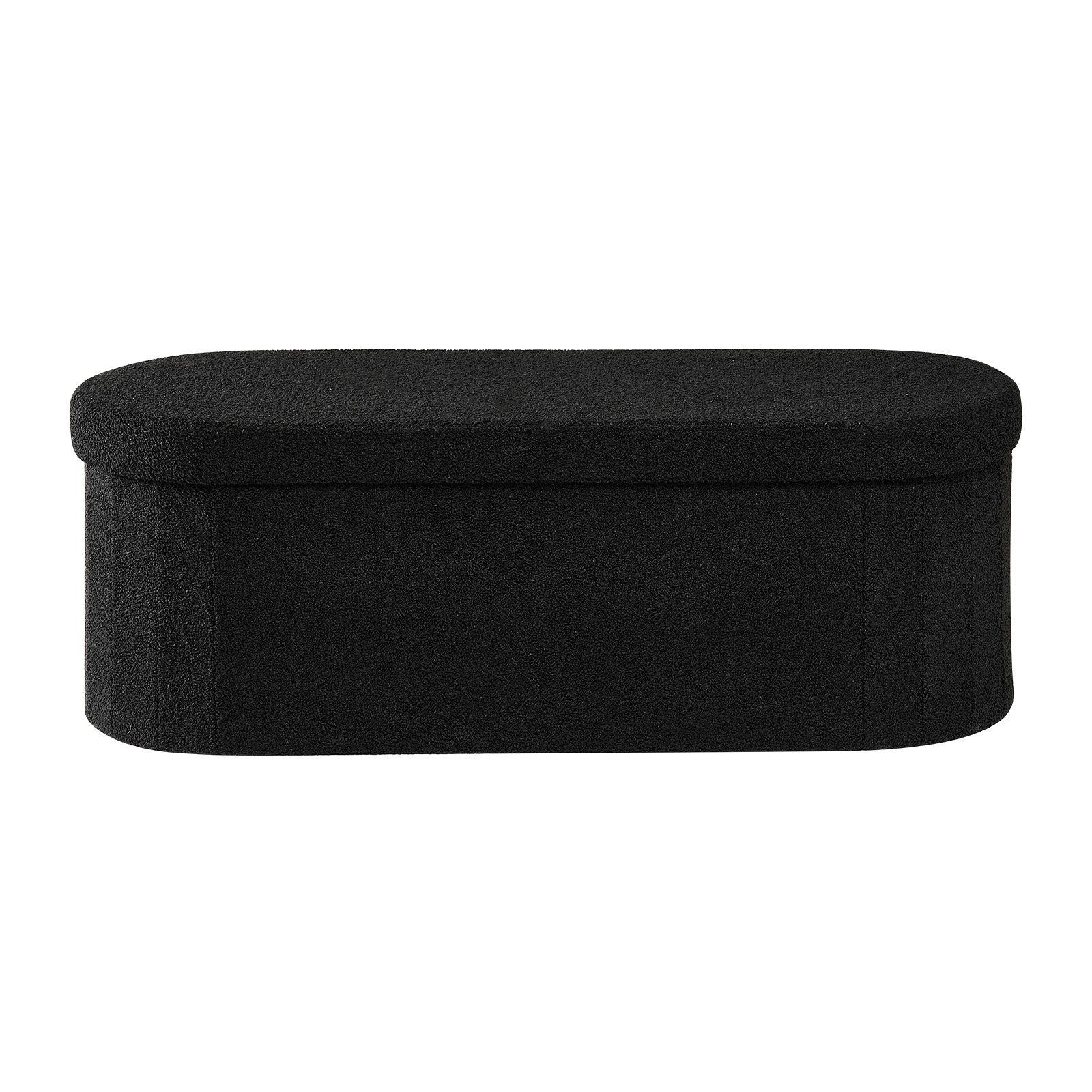 Oval Storage Ottoman Bench, Foldable Teddy Fleece End of Bed Bench, Folding Upholstered Bed Ottoman Chest with Large Storage Space, Supports 660 lbs, for Living Room, Bedroom, Entryway, Black