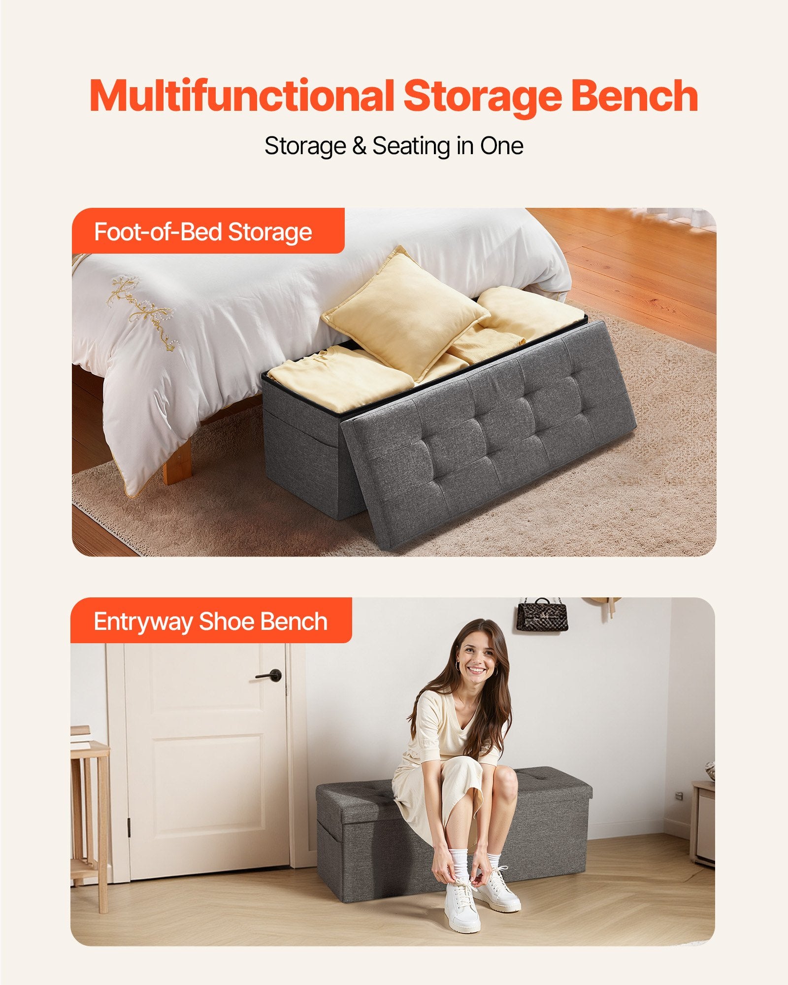 Foldable Storage Ottoman Bench, End of Bed Bench with Side Bags, Folding Upholstered Storage Chest Supports 660 lbs, Linen Bed Ottoman with Large Space for Living Room, Bedroom, Entryway, Grey