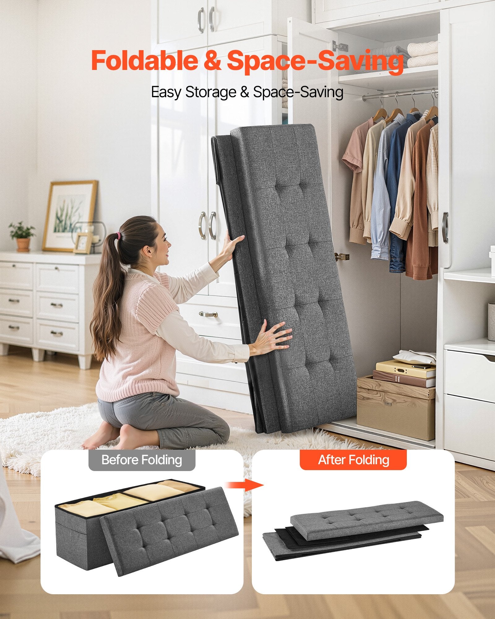 Foldable Storage Ottoman Bench, End of Bed Bench with Side Bags, Folding Upholstered Storage Chest Supports 660 lbs, Linen Bed Ottoman with Large Space for Living Room, Bedroom, Entryway, Grey