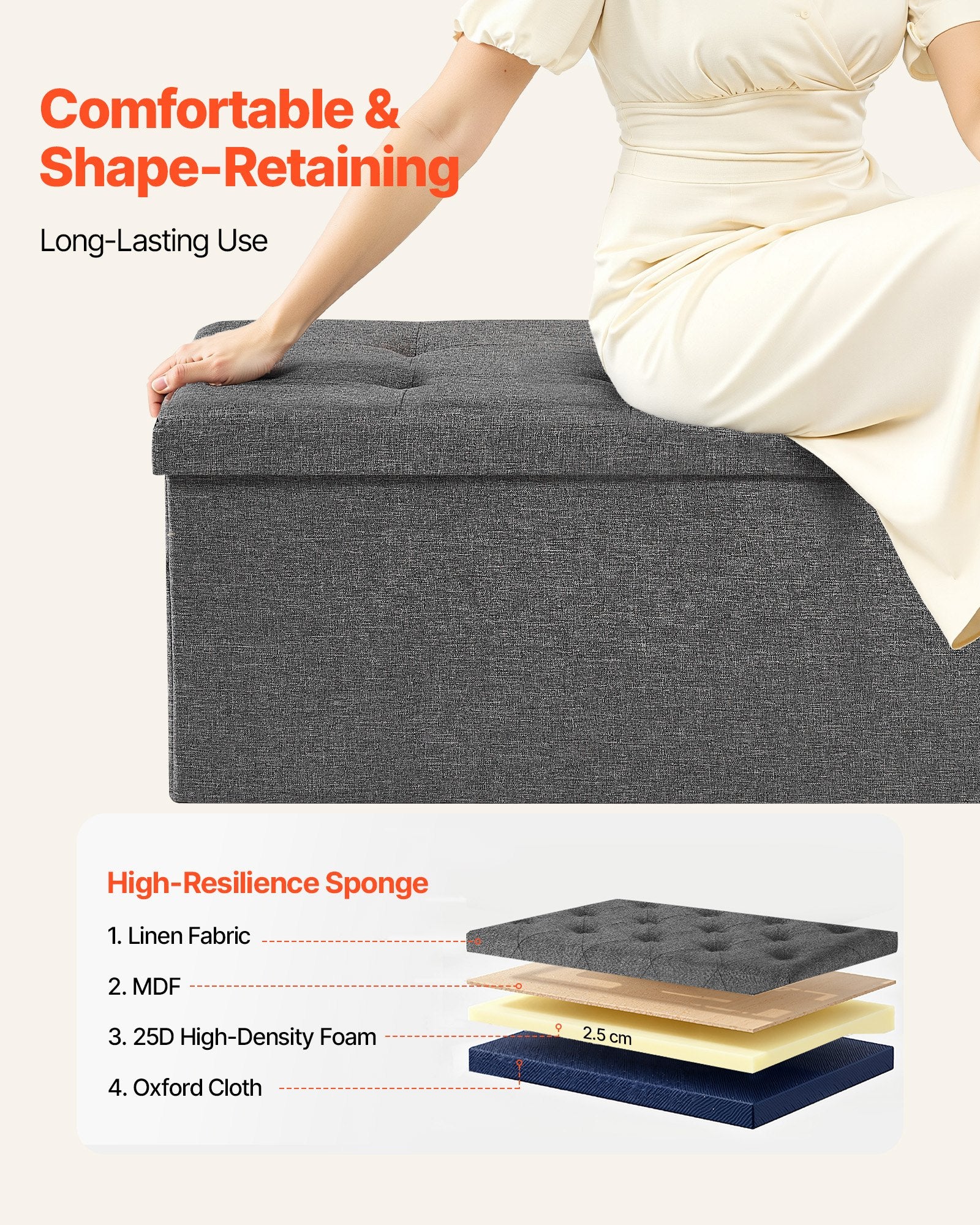 Foldable Storage Ottoman Bench, End of Bed Bench with Side Bags, Folding Upholstered Storage Chest Supports 660 lbs, Linen Bed Ottoman with Large Space for Living Room, Bedroom, Entryway, Grey