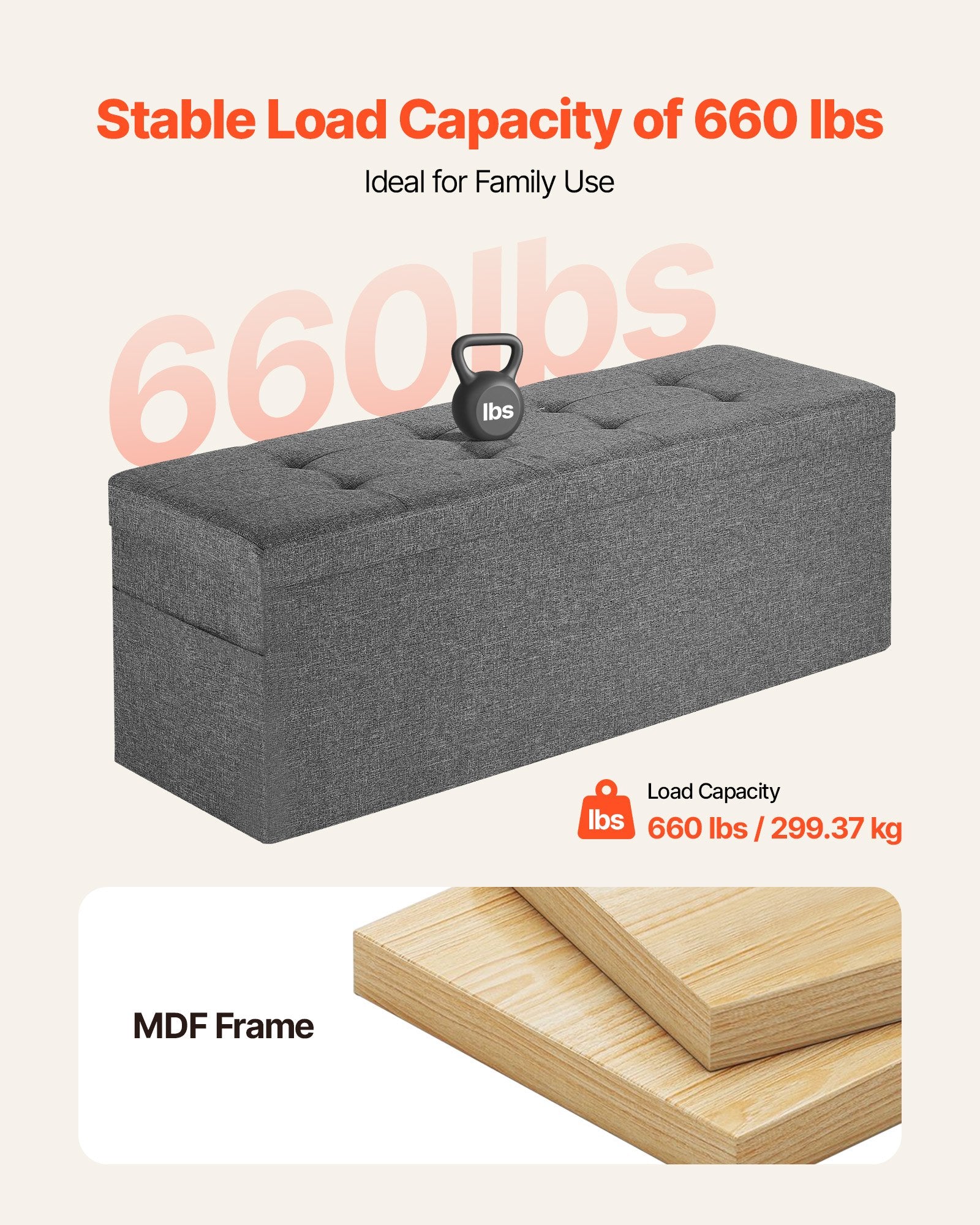 Foldable Storage Ottoman Bench, End of Bed Bench with Side Bags, Folding Upholstered Storage Chest Supports 660 lbs, Linen Bed Ottoman with Large Space for Living Room, Bedroom, Entryway, Grey