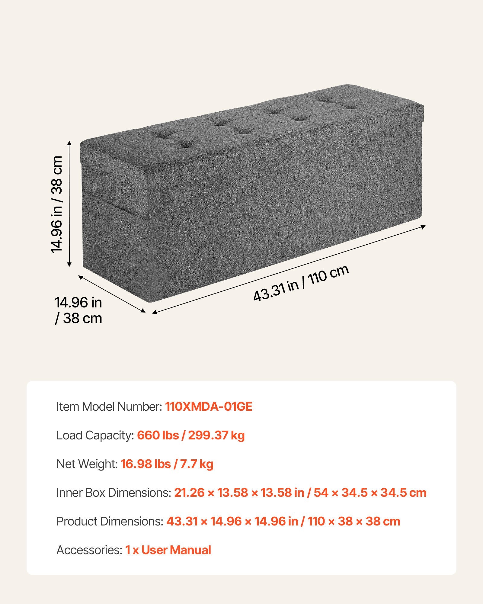 Foldable Storage Ottoman Bench, End of Bed Bench with Side Bags, Folding Upholstered Storage Chest Supports 660 lbs, Linen Bed Ottoman with Large Space for Living Room, Bedroom, Entryway, Grey