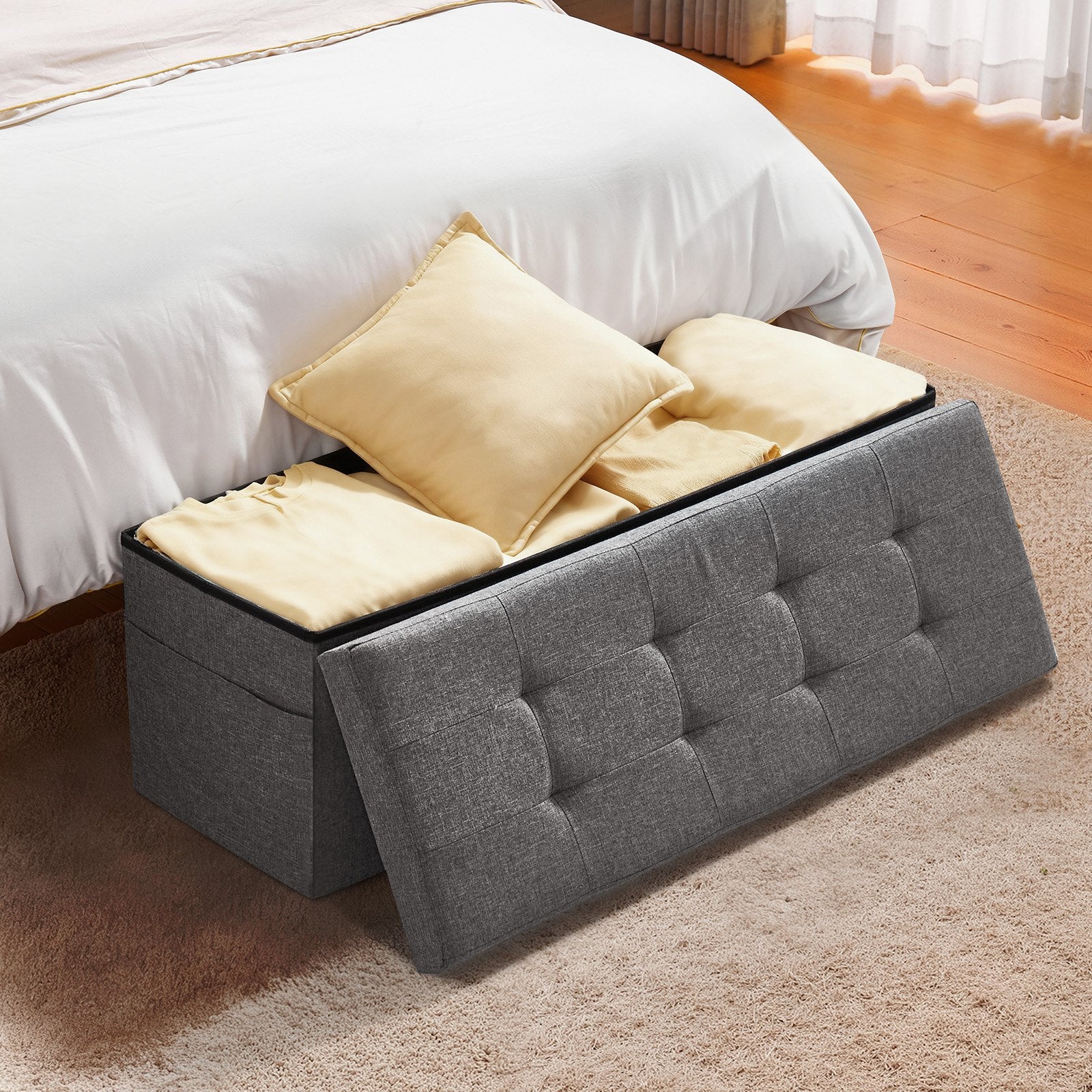 Foldable Storage Ottoman Bench, End of Bed Bench with Side Bags, Folding Upholstered Storage Chest Supports 660 lbs, Linen Bed Ottoman with Large Space for Living Room, Bedroom, Entryway, Grey