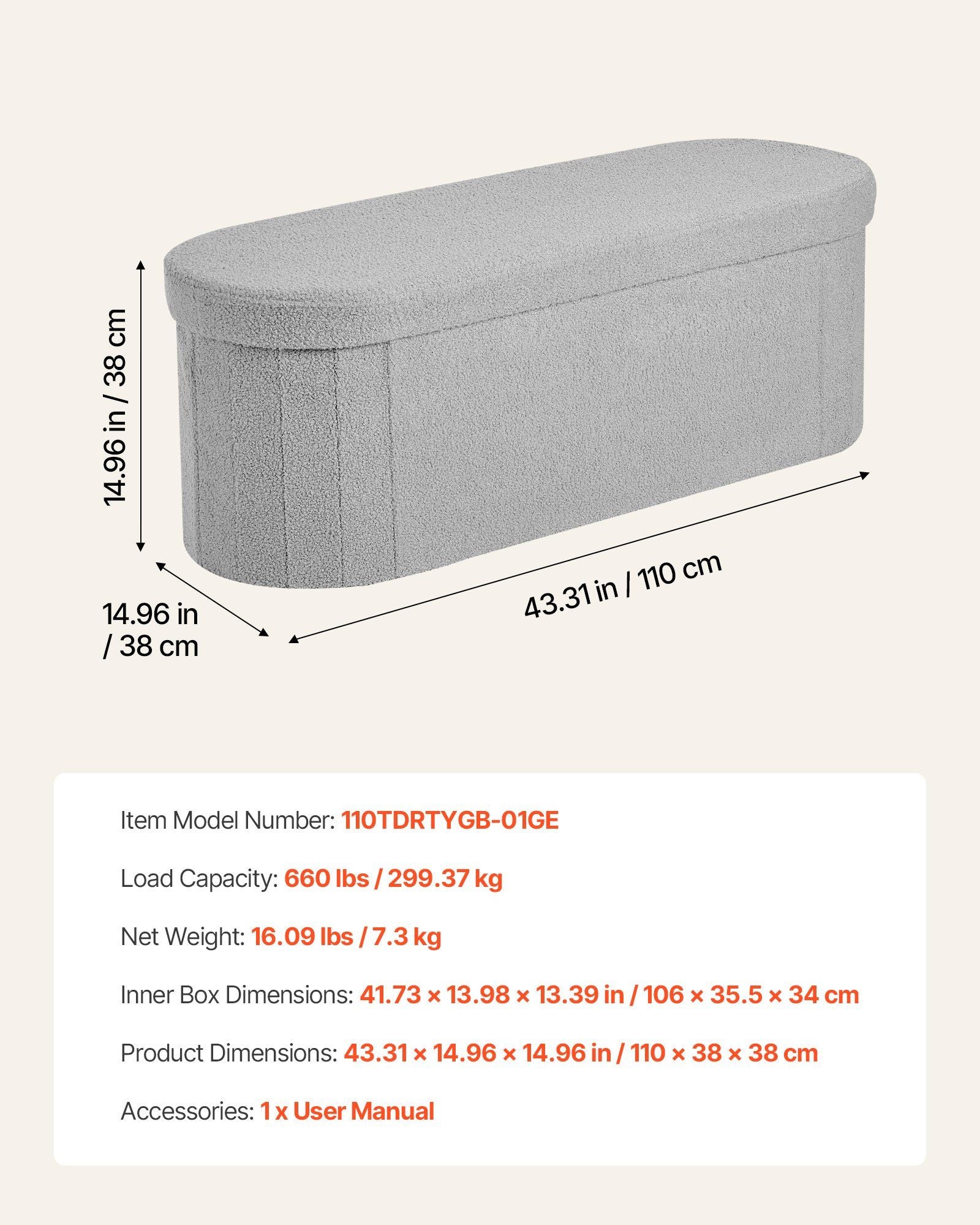 Oval Storage Ottoman Bench, Foldable Teddy Fleece End of Bed Bench, Folding Upholstered Bed Ottoman Chest with Large Storage Space, Supports 660 lbs, for Living Room, Bedroom, Entryway, Grey