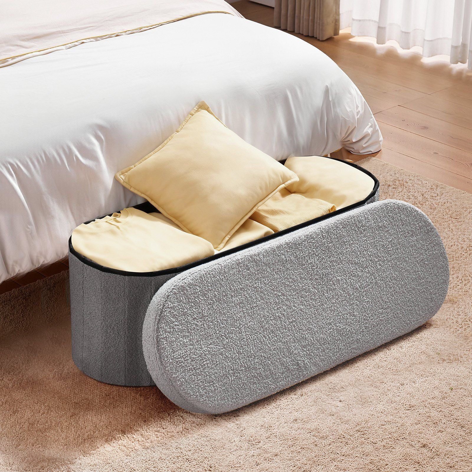 Oval Storage Ottoman Bench, Foldable Teddy Fleece End of Bed Bench, Folding Upholstered Bed Ottoman Chest with Large Storage Space, Supports 660 lbs, for Living Room, Bedroom, Entryway, Grey