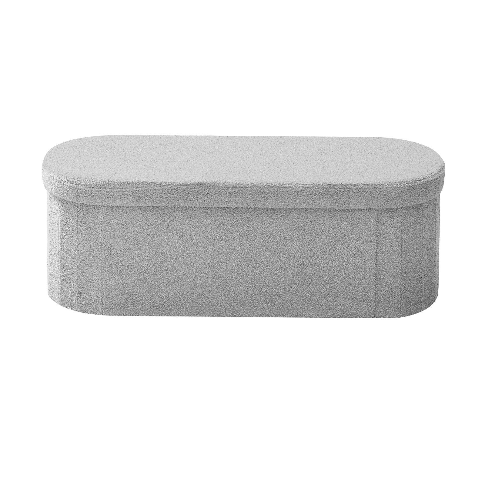 Oval Storage Ottoman Bench, Foldable Teddy Fleece End of Bed Bench, Folding Upholstered Bed Ottoman Chest with Large Storage Space, Supports 660 lbs, for Living Room, Bedroom, Entryway, Grey