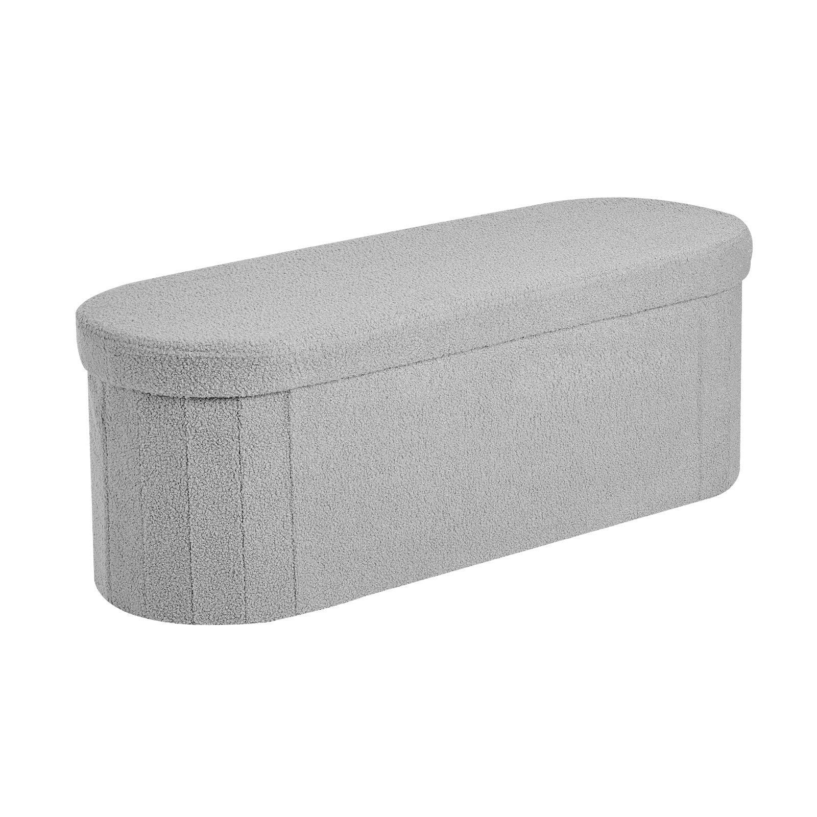 Oval Storage Ottoman Bench, Foldable Teddy Fleece End of Bed Bench, Folding Upholstered Bed Ottoman Chest with Large Storage Space, Supports 660 lbs, for Living Room, Bedroom, Entryway, Grey