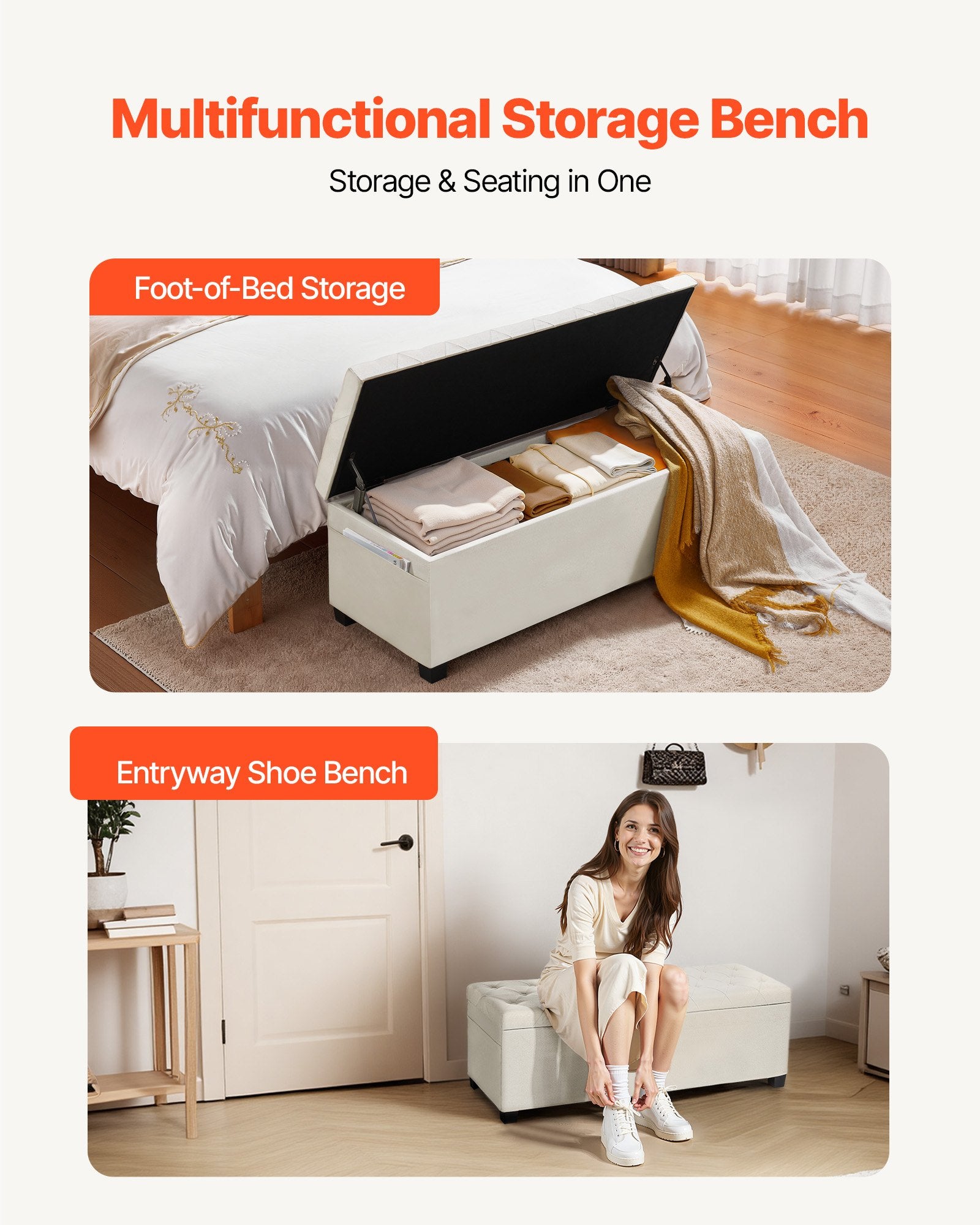 Storage Ottoman Bench, Button-Tufted End of Bed Bench with Side Bags, Flip-up Upholstered Storage Chest with Metal Frame, Linen Bed Ottoman for Living Room, Bedroom, Entryway, Office, Beige