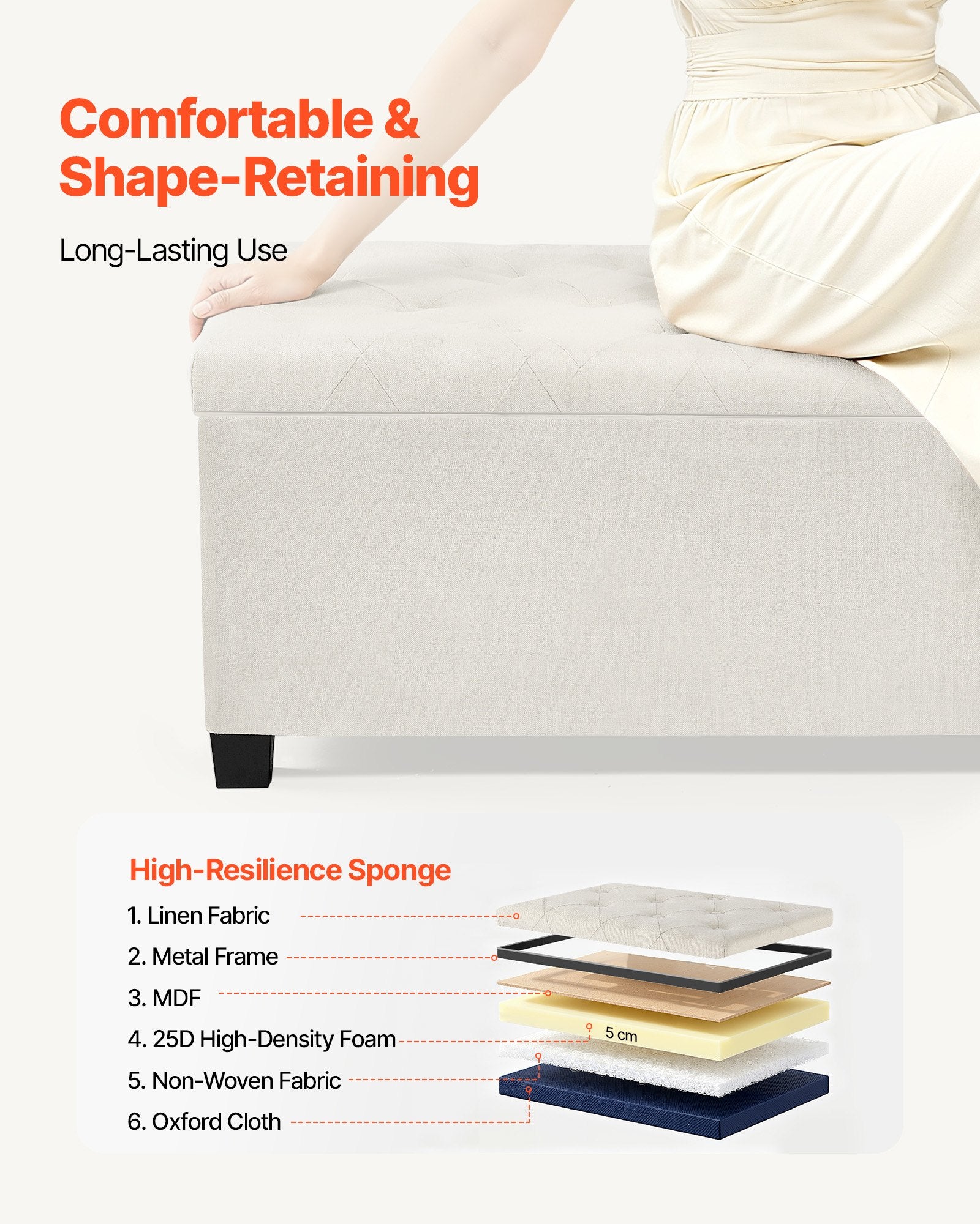 Storage Ottoman Bench, Button-Tufted End of Bed Bench with Side Bags, Flip-up Upholstered Storage Chest with Metal Frame, Linen Bed Ottoman for Living Room, Bedroom, Entryway, Office, Beige