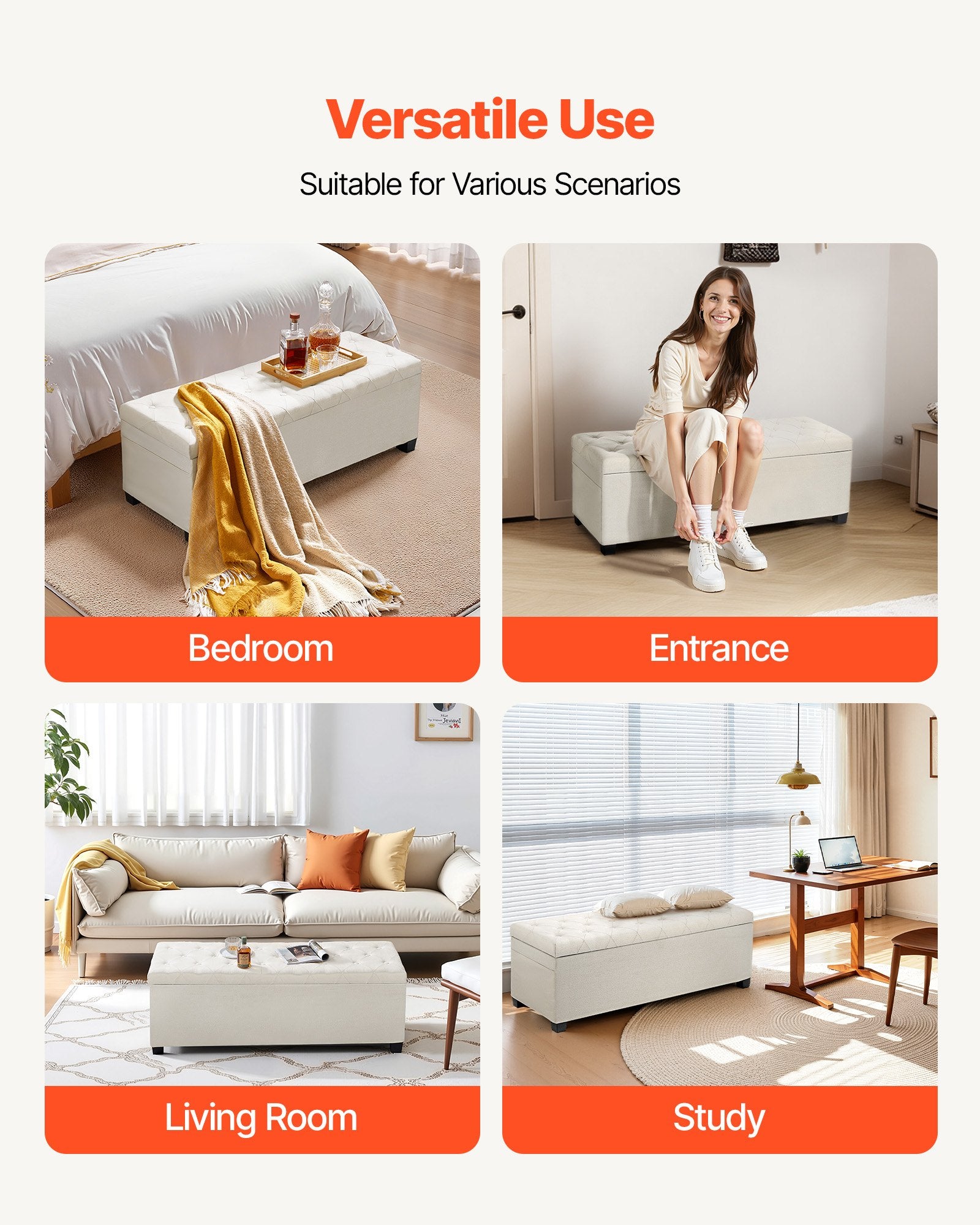 Storage Ottoman Bench, Button-Tufted End of Bed Bench with Side Bags, Flip-up Upholstered Storage Chest with Metal Frame, Linen Bed Ottoman for Living Room, Bedroom, Entryway, Office, Beige