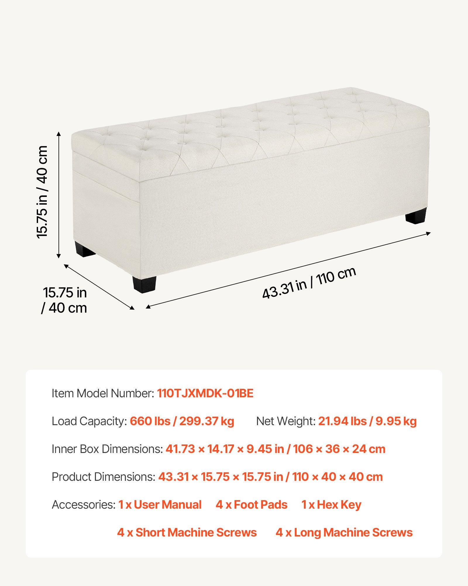 Storage Ottoman Bench, Button-Tufted End of Bed Bench with Side Bags, Flip-up Upholstered Storage Chest with Metal Frame, Linen Bed Ottoman for Living Room, Bedroom, Entryway, Office, Beige