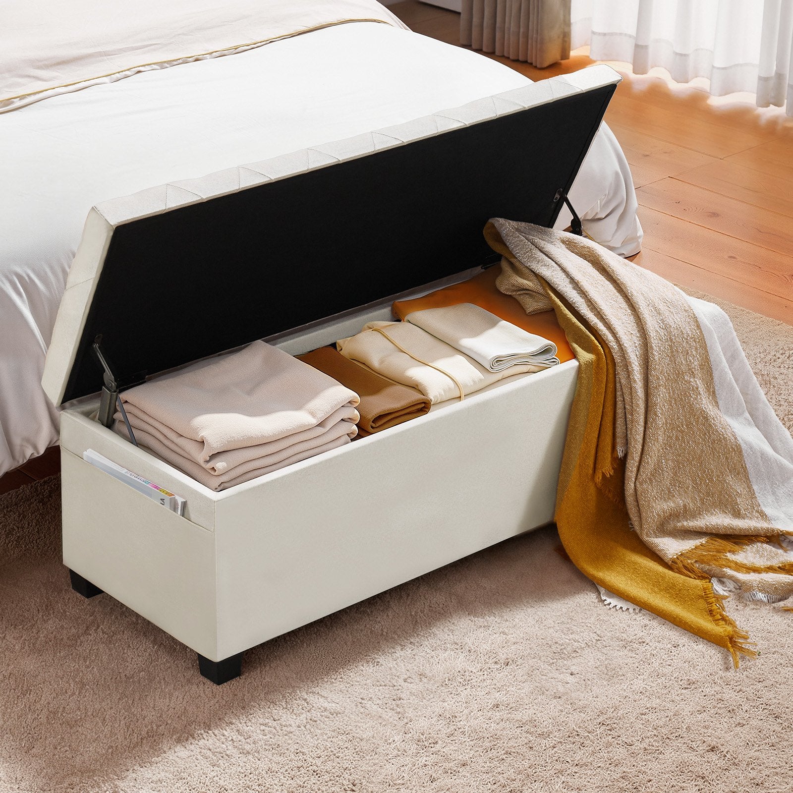 Storage Ottoman Bench, Button-Tufted End of Bed Bench with Side Bags, Flip-up Upholstered Storage Chest with Metal Frame, Linen Bed Ottoman for Living Room, Bedroom, Entryway, Office, Beige