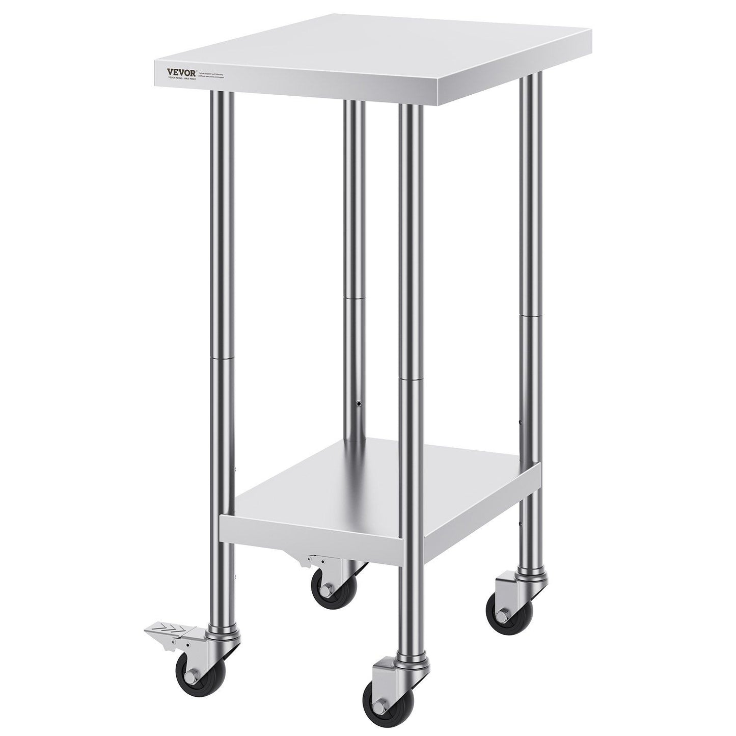 Stainless Steel Work Table 24 x 18 x 38 Inch, with 4 Wheels, 3 Adjustable Height Levels, Heavy Duty Food Prep Worktable for Commercial Kitchen Restaurant, Silver