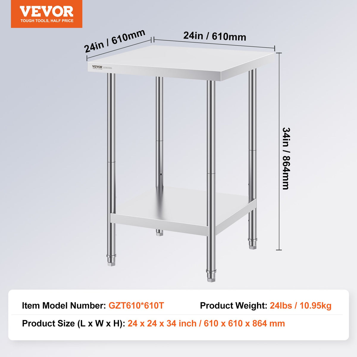Stainless Steel Prep Table, 24 x 24 x 34 Inch, Heavy Duty Metal Worktable with 3 Adjustable Height Levels, Commercial Workstation for Kitchen Garage Restaurant Backyard