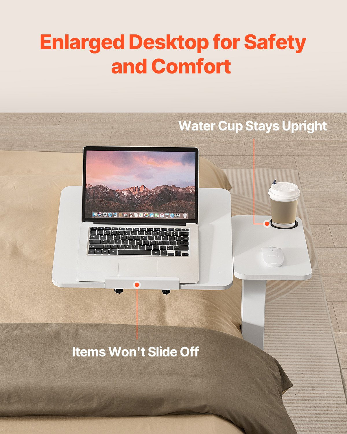Overbed Table, Mobile Bed Side Table with Flip Desktop and 4 Hidden Wheels, Height & Angle Adjustable Rolling Laptop Desk with Cup Holder, Portable Over Bed Desk for Home, Office, Study, White