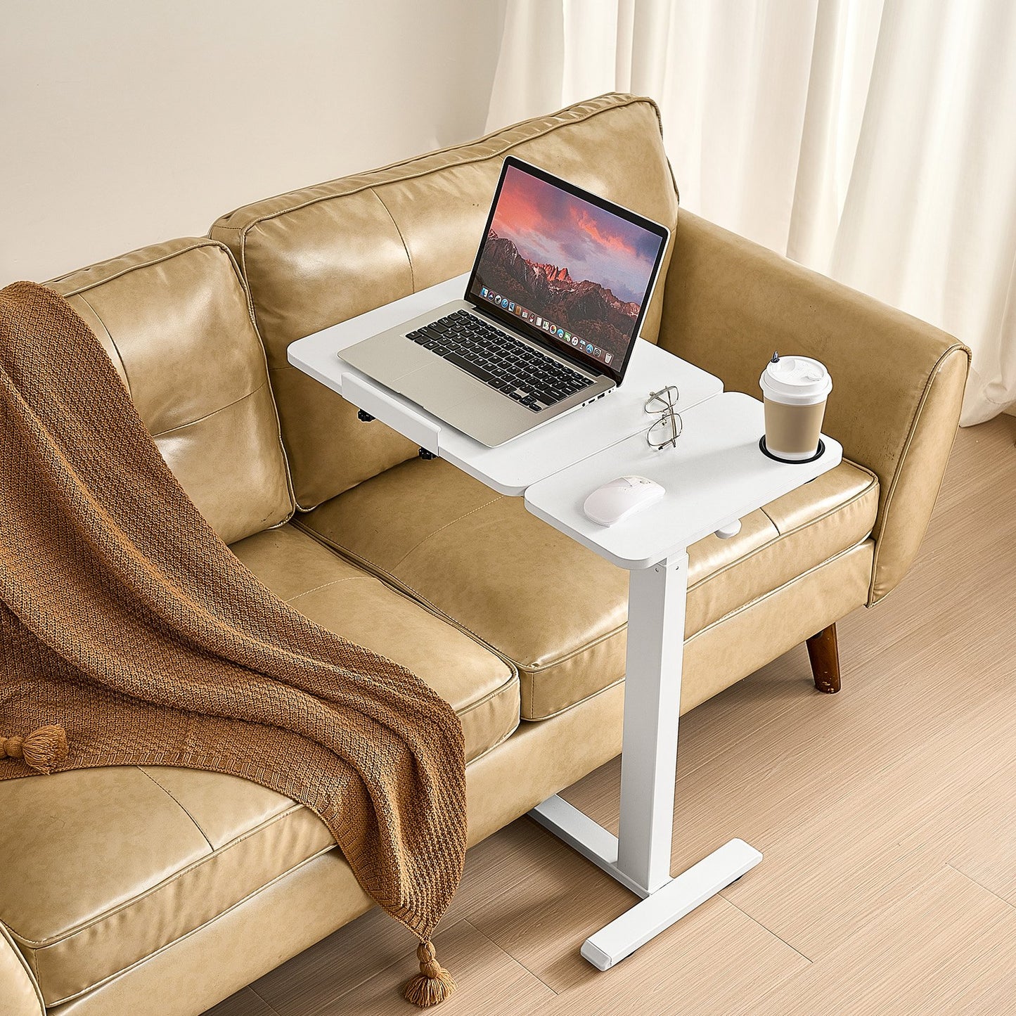 Overbed Table, Mobile Bed Side Table with Flip Desktop and 4 Hidden Wheels, Height & Angle Adjustable Rolling Laptop Desk with Cup Holder, Portable Over Bed Desk for Home, Office, Study, White