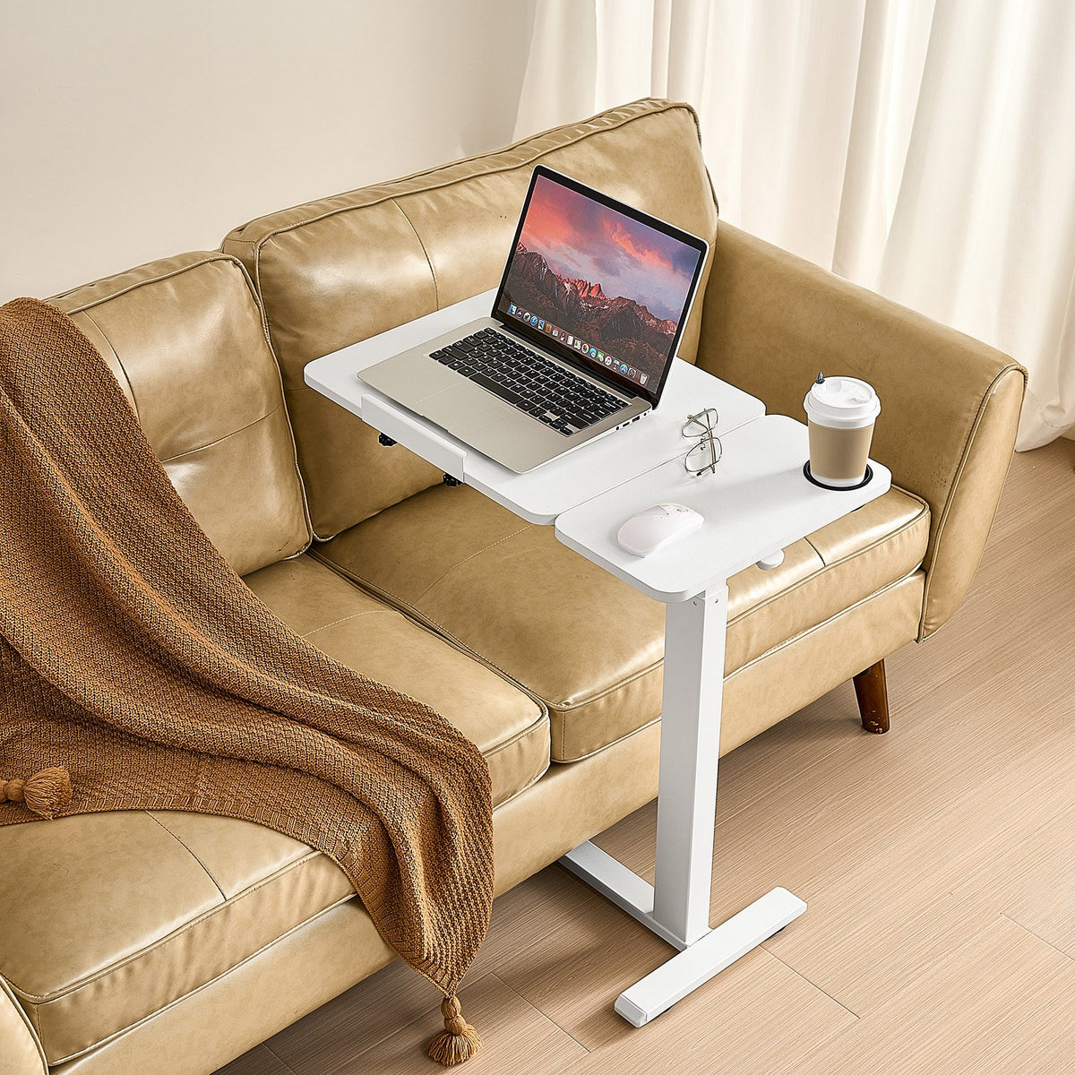 Overbed Table, Mobile Bed Side Table with Flip Desktop and 4 Hidden Wheels, Height & Angle Adjustable Rolling Laptop Desk with Cup Holder, Portable Over Bed Desk for Home, Office, Study, White