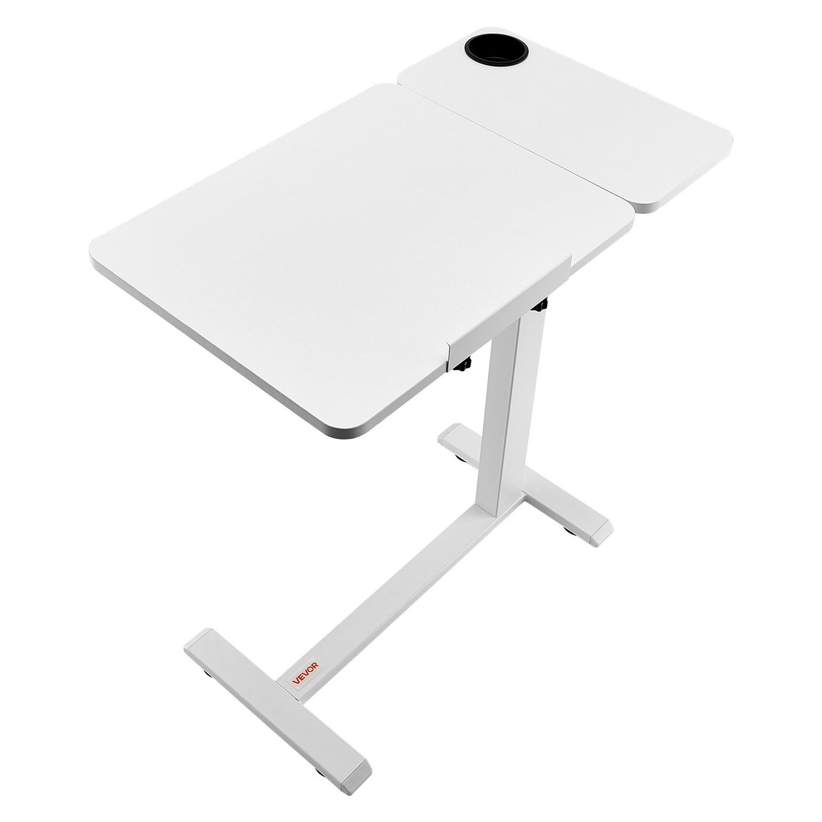 Overbed Table, Mobile Bed Side Table with Flip Desktop and 4 Hidden Wheels, Height & Angle Adjustable Rolling Laptop Desk with Cup Holder, Portable Over Bed Desk for Home, Office, Study, White