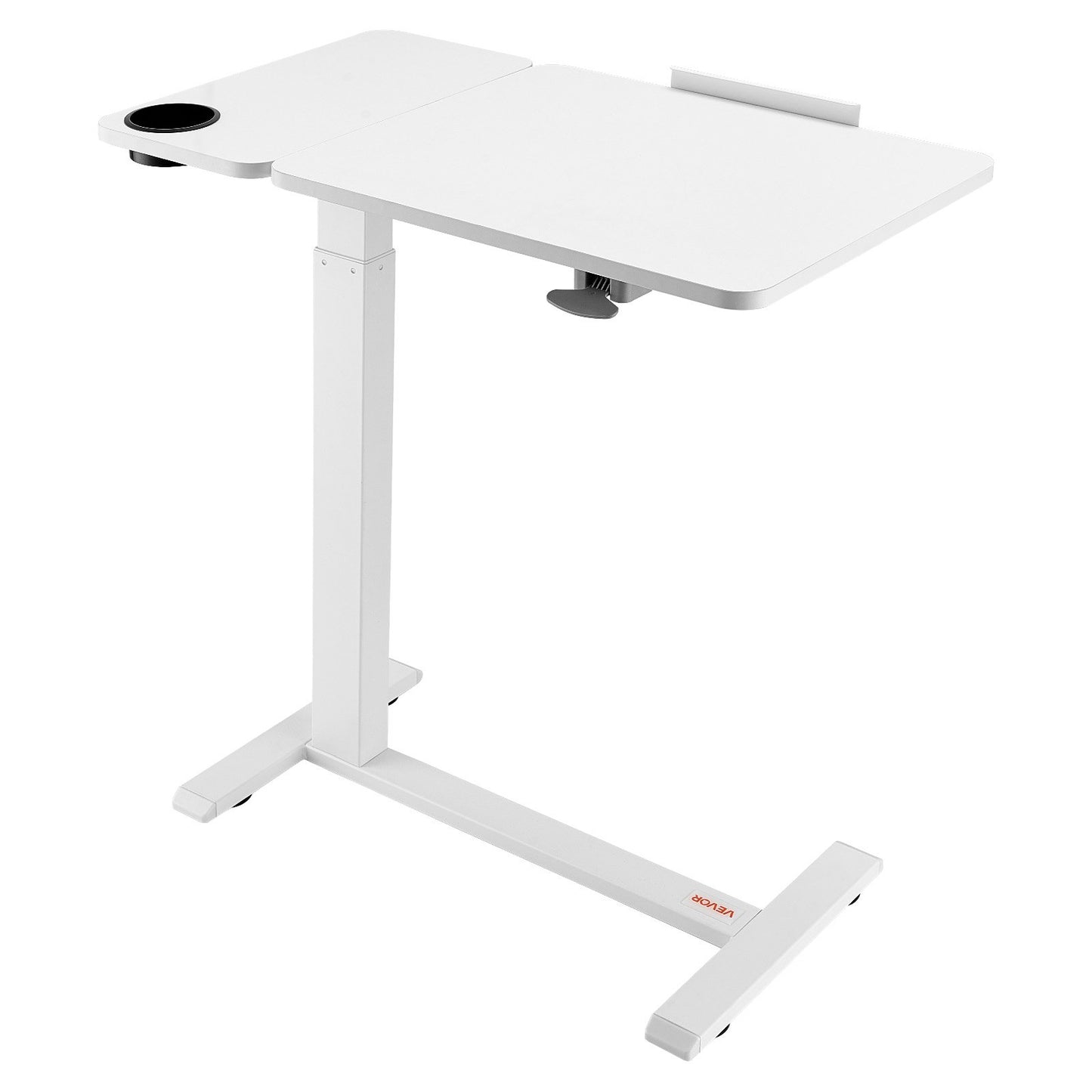 Overbed Table, Mobile Bed Side Table with Flip Desktop and 4 Hidden Wheels, Height & Angle Adjustable Rolling Laptop Desk with Cup Holder, Portable Over Bed Desk for Home, Office, Study, White
