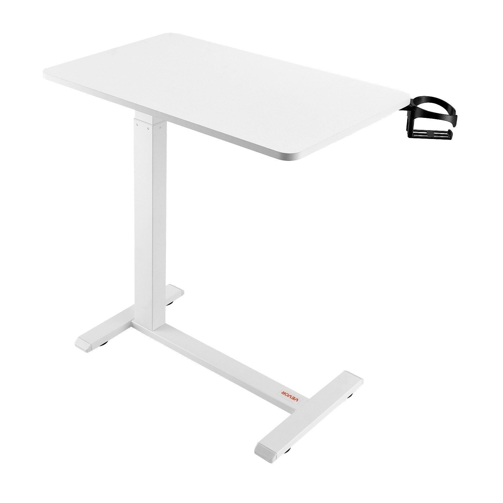 Overbed Table, Mobile Bed Side Table with 4 Hidden Wheels, Height Adjustable Rolling Laptop Desk with Cup Holder, Portable Particleboard Over Bed Desk for Home, Office, Study, White