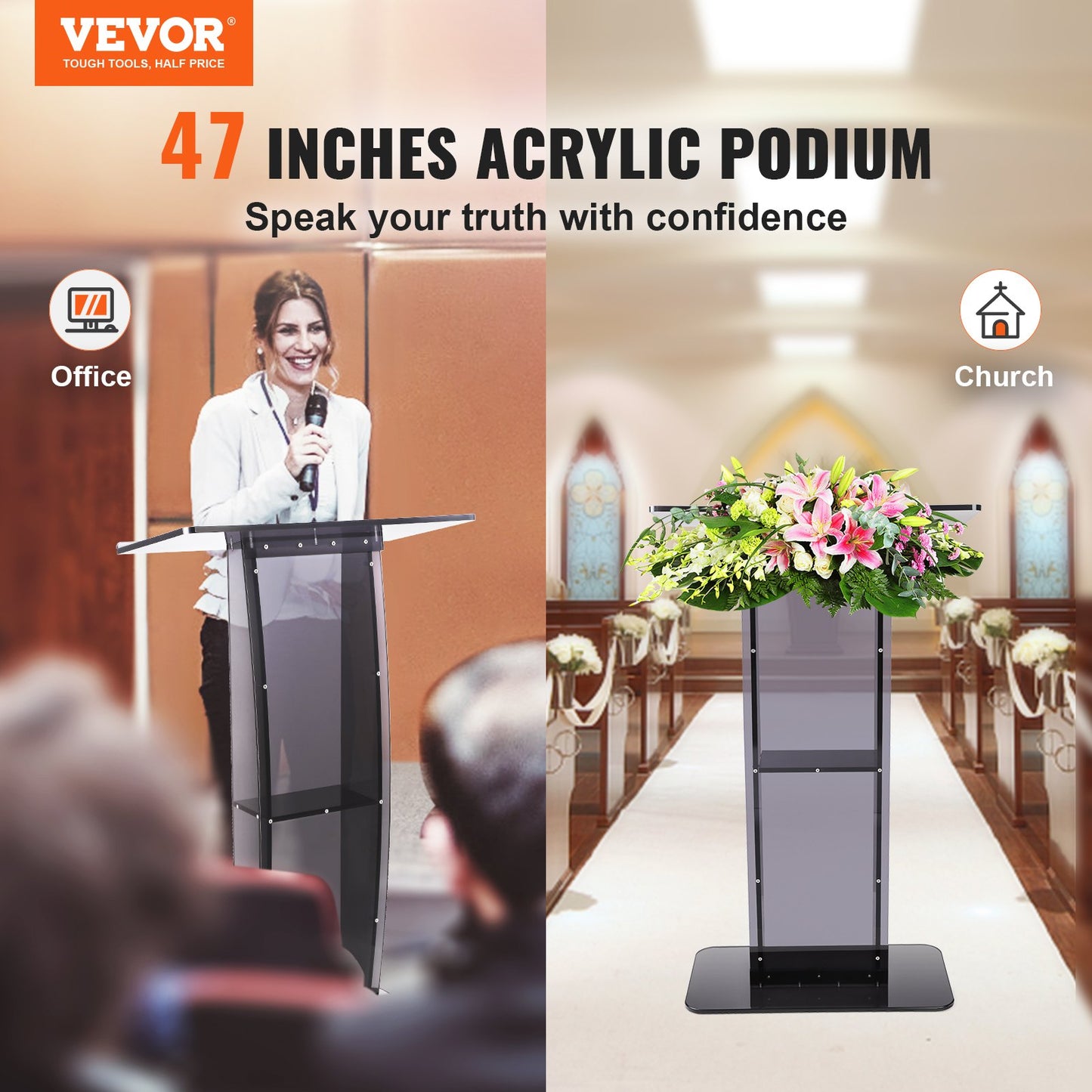 Acrylic Podium, 47" Tall, Acrylic Podium Stand with Wide Reading Surface & Storage Shelf, Floor-standing Clear Pulpits Acrylic for Church Office School, Black