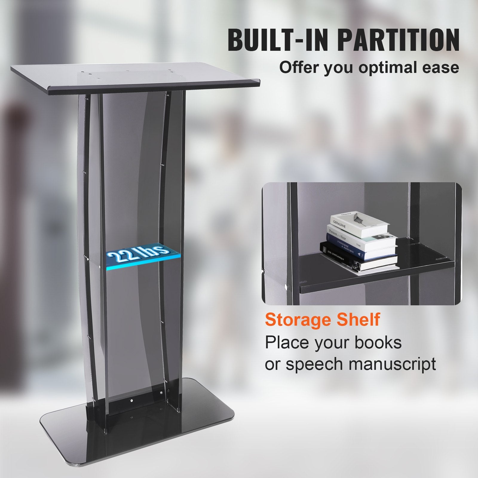 Acrylic Podium, 47" Tall, Acrylic Podium Stand with Wide Reading Surface & Storage Shelf, Floor-standing Clear Pulpits Acrylic for Church Office School, Black