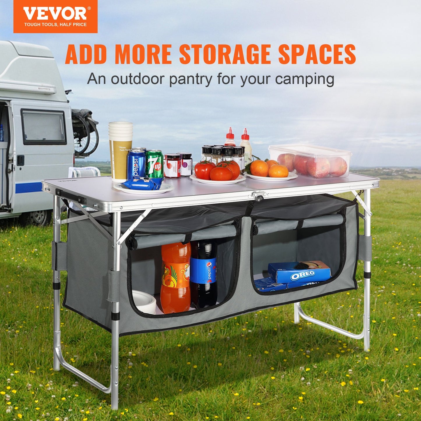 Camping Kitchen Table, Quick set-up Folding Camping Table with A Carrying Bag, 3 Adjustable Heights, MDF Camping Table, Ideal for Outdoor Picnics, BBQs, Camping, RV Traveling