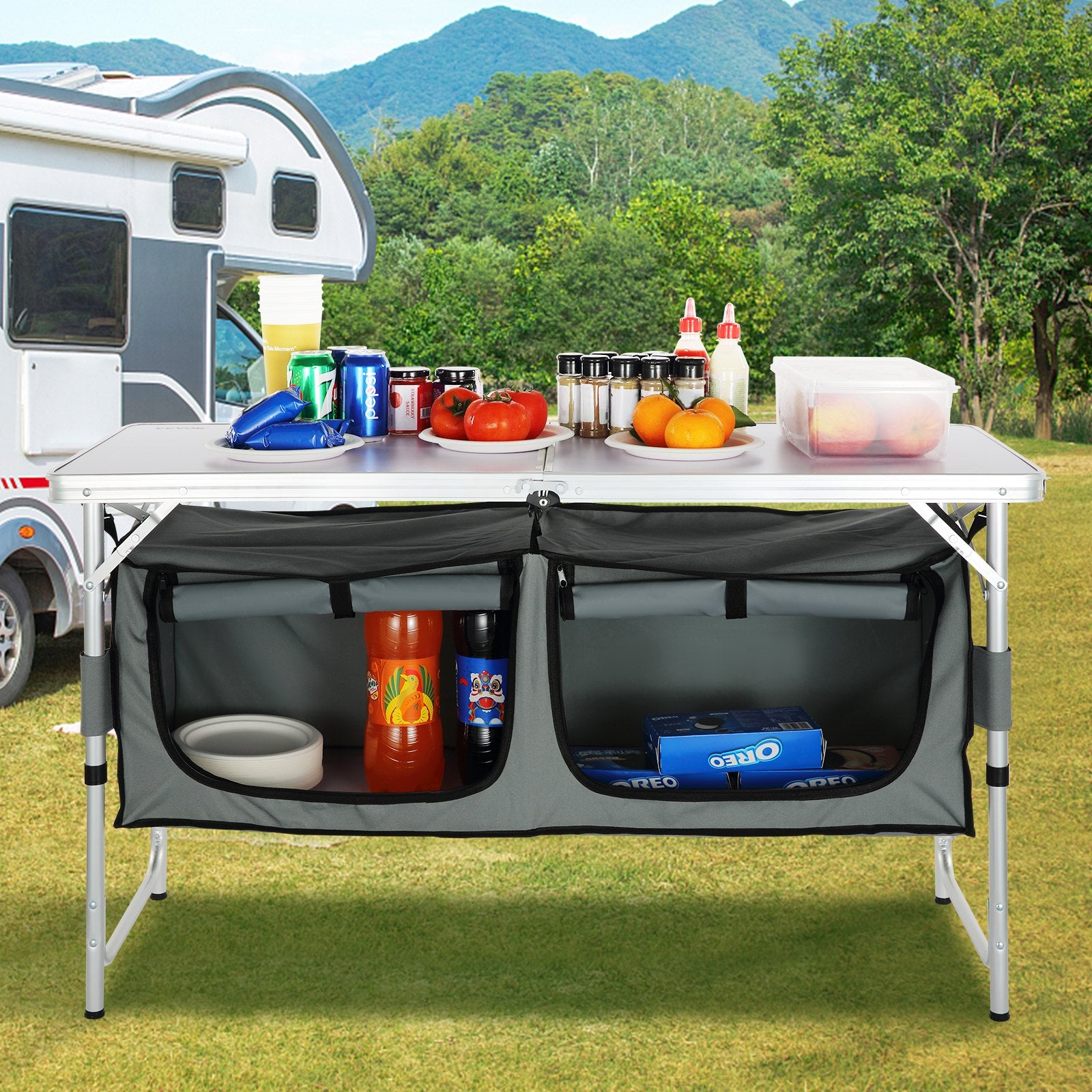 Camping Kitchen Table, Quick set-up Folding Camping Table with A Carrying Bag, 3 Adjustable Heights, MDF Camping Table, Ideal for Outdoor Picnics, BBQs, Camping, RV Traveling
