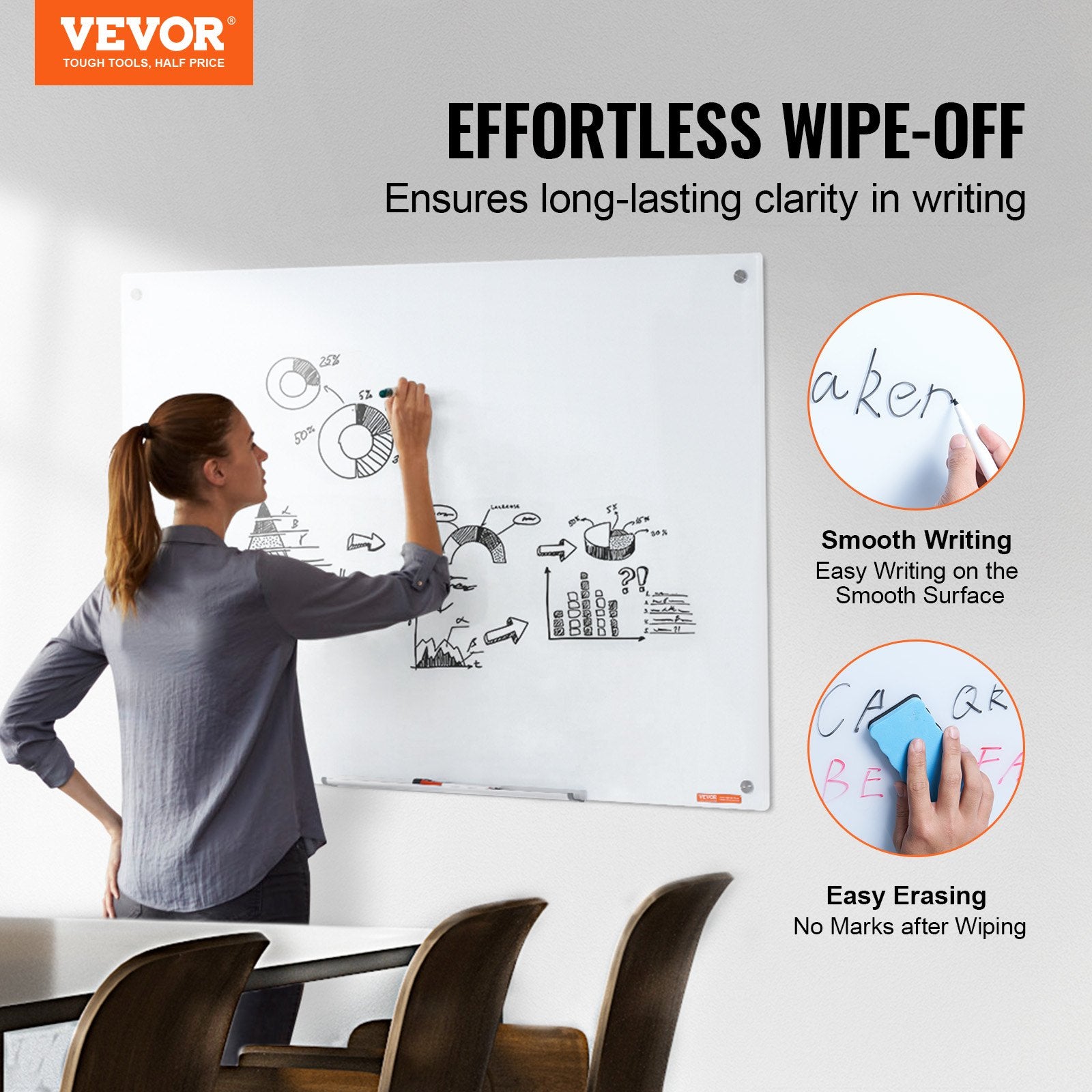 Magnetic Glass Whiteboard, Dry Erase Board 48"x32", Wall-Mounted Large White Glassboard Frameless, with Marker Tray, an Eraser and 2 Markers, White