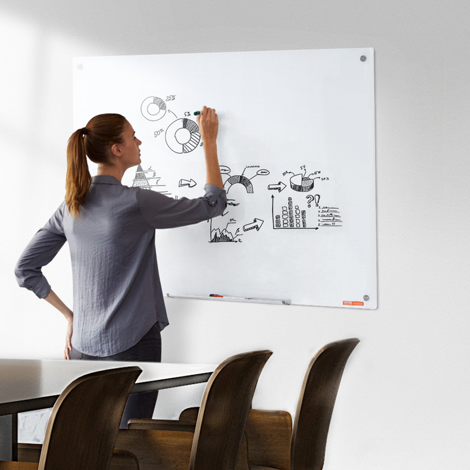 Magnetic Glass Whiteboard, Dry Erase Board 48"x32", Wall-Mounted Large White Glassboard Frameless, with Marker Tray, an Eraser and 2 Markers, White