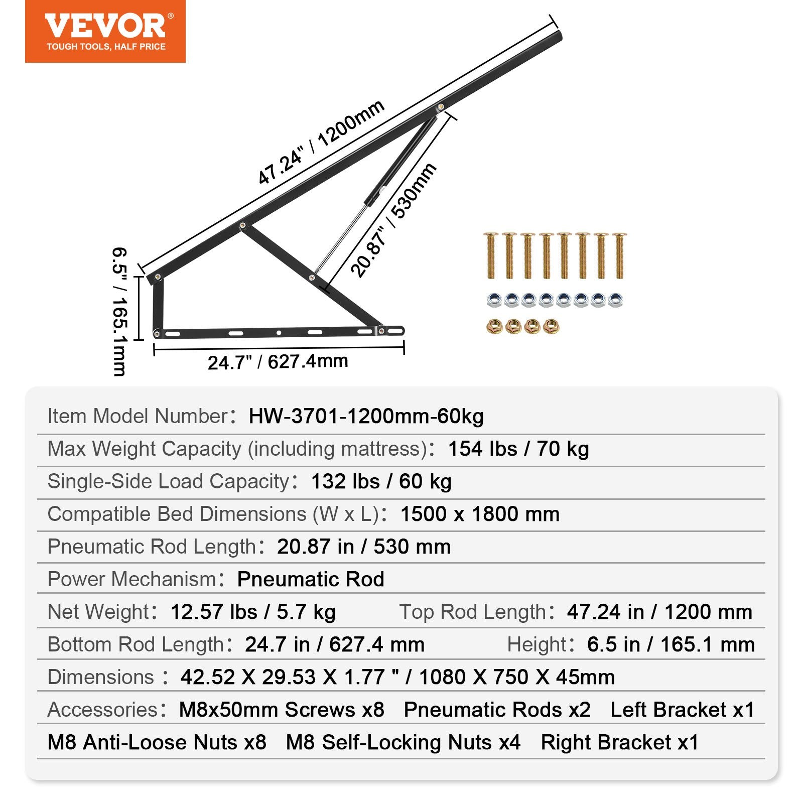 Bed Lift 59x71 in Compatible Bed Size 154 lbs Load DIY Wall Bed Hardware