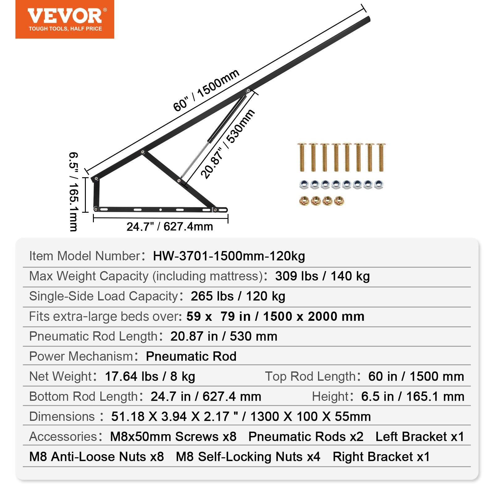 Bed Lift, 1500x2000mm Compatible Extra-large Size 140kg Load Bearing, DIY Wall Bed Mechanical Hardware Kit Vertical Deluxe, Pneumatic Lever Heavy Duty Support, Folding for Guestroom