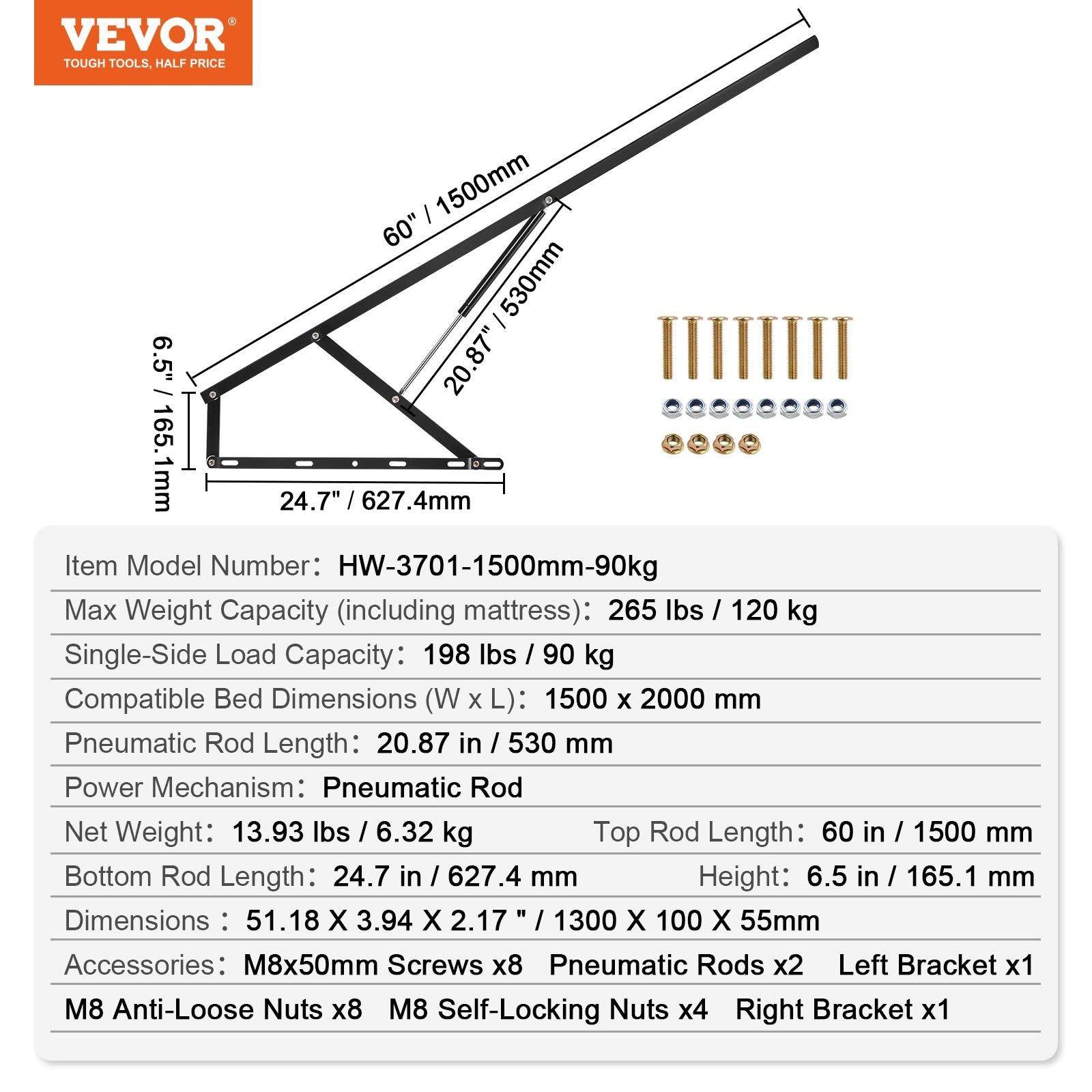 Bed Lift 59x79 in Compatible Bed Size 265 lbs Load DIY Wall Bed Hardware