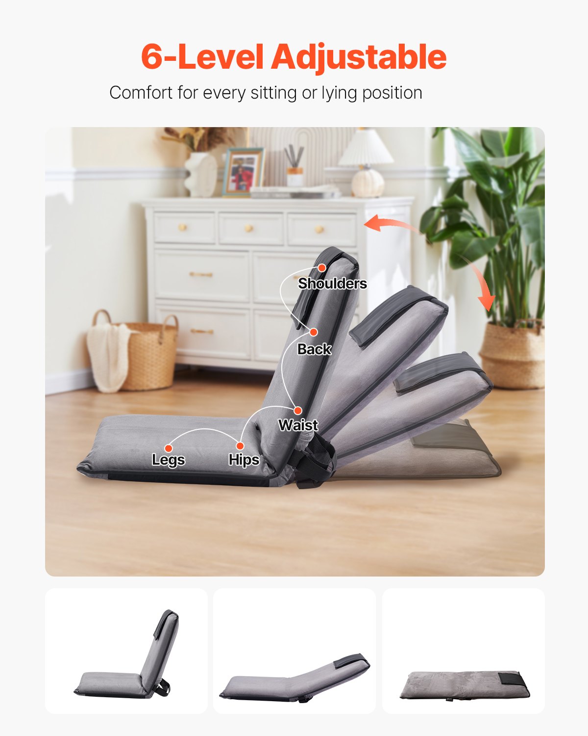 Floor Chair, 6-Position Adjustable Meditation Chair with Back Support, Folding Sofa Chair for Reading TV Watching and Gaming, Portable Floor Seat Lounge Sofa Chair for Kids Teens Adults, Gray