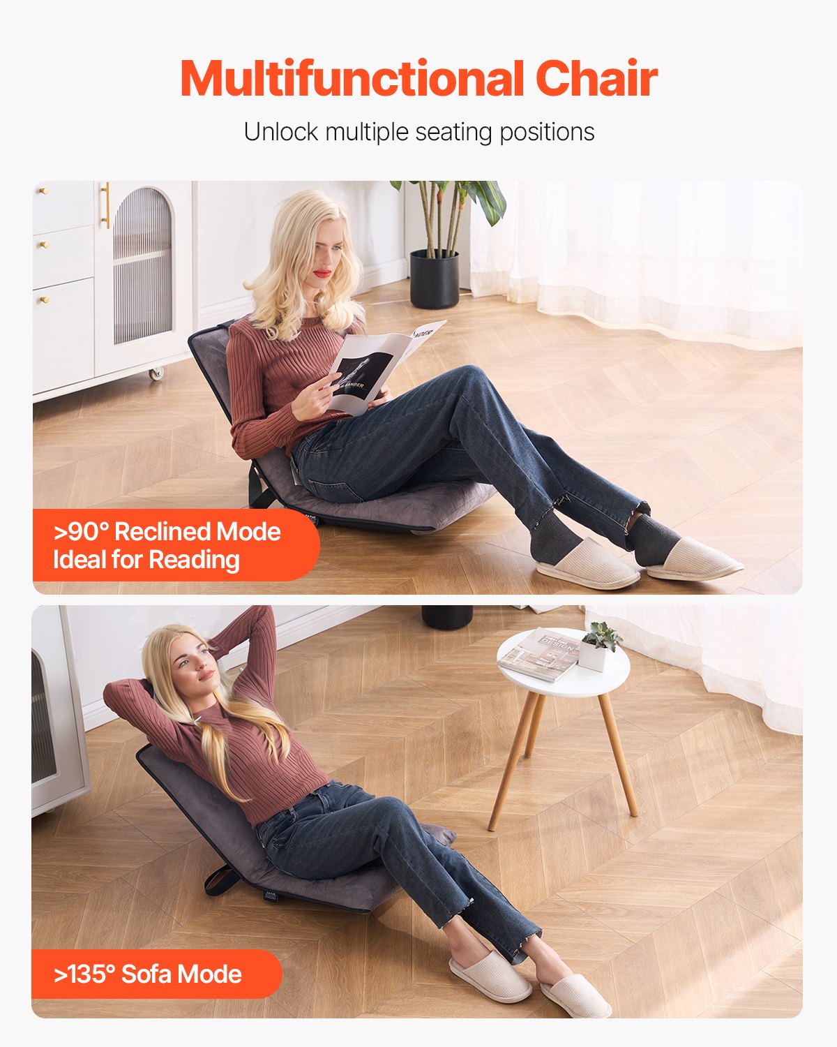 Floor Chair, 6-Position Adjustable Meditation Chair with Back Support, Folding Sofa Chair for Reading TV Watching and Gaming, Portable Floor Seat Lounge Sofa Chair for Kids Teens Adults, Gray