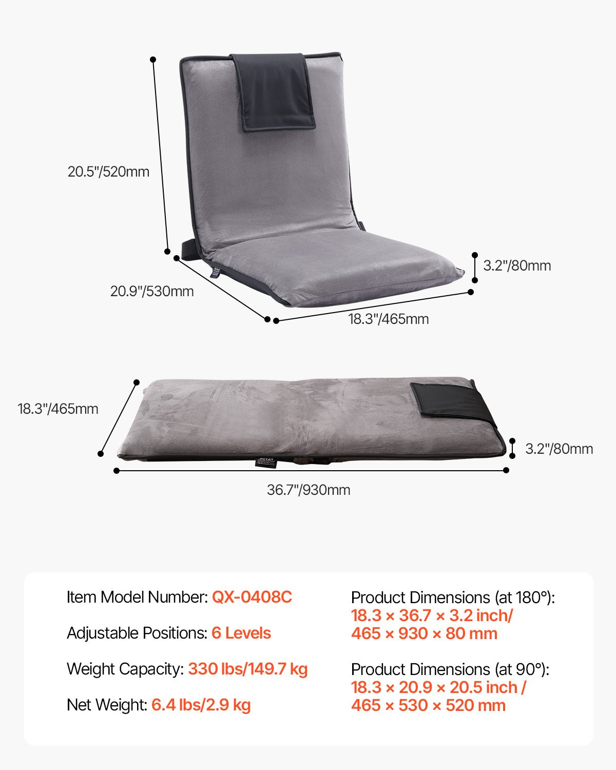 Floor Chair, 6-Position Adjustable Meditation Chair with Back Support, Folding Sofa Chair for Reading TV Watching and Gaming, Portable Floor Seat Lounge Sofa Chair for Kids Teens Adults, Gray