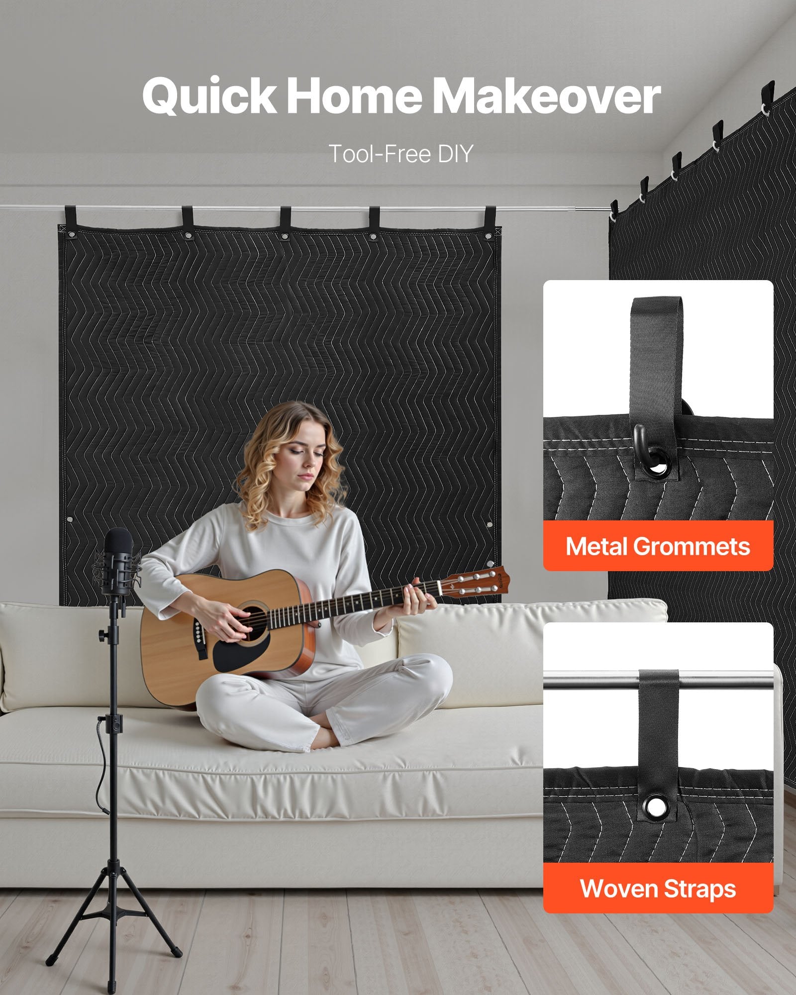 Sound Dampening Blankets, Soundproof Curtains with 2032 x 1219 mm, Soundproof Blanket with Grommets, Studio Grommeted Blanket, for Window, Door, Light Blocker, Music Recording, Black