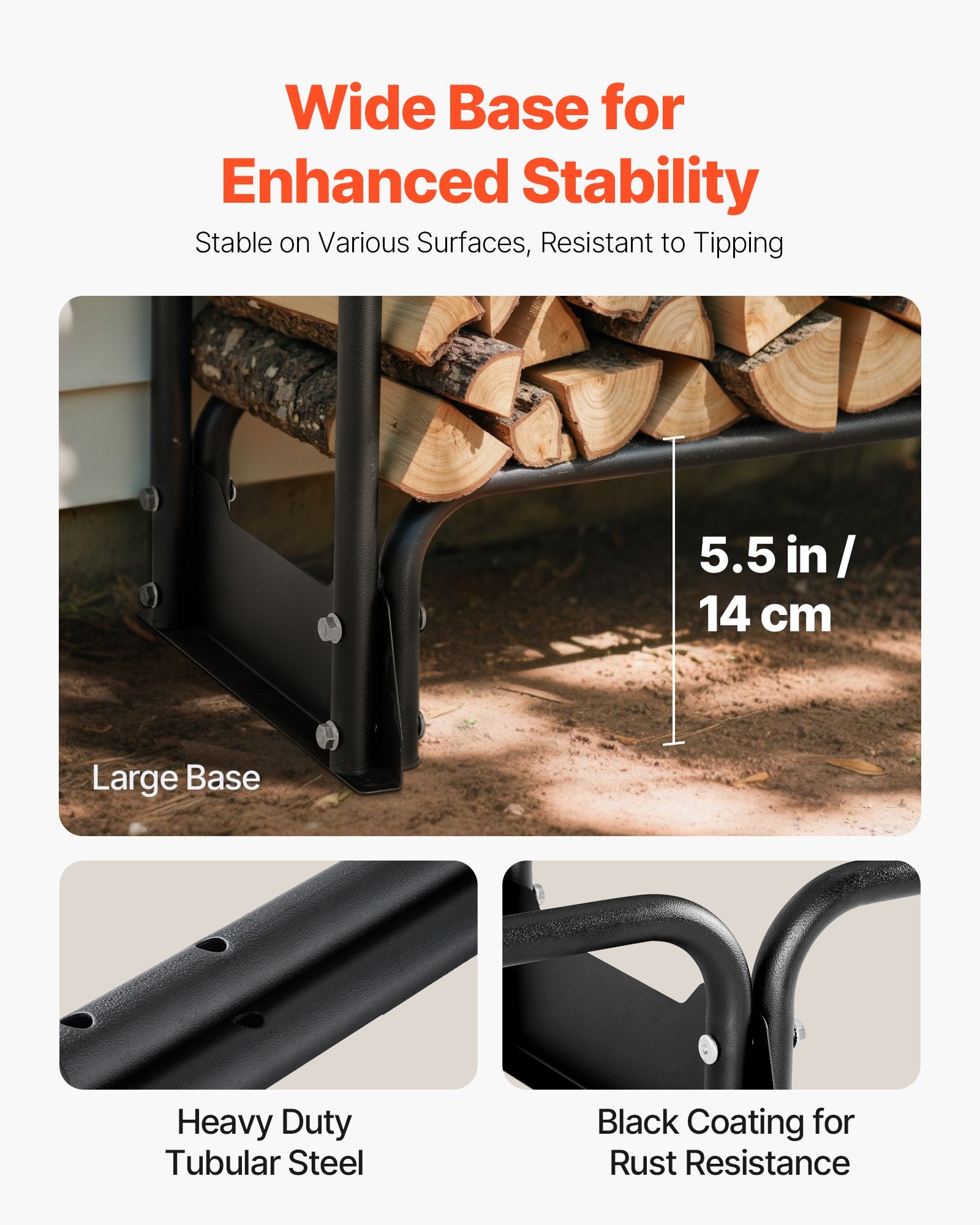 Firewood Rack with Waterproof Cover, 257 x 36 x 117 cm Outdoor Firewood Holder, 660lb Weight Capacity, 1/2 Cord Log Holder, Half-Covered, Powder-coated Wood Storage Rack for Fireplace Deck