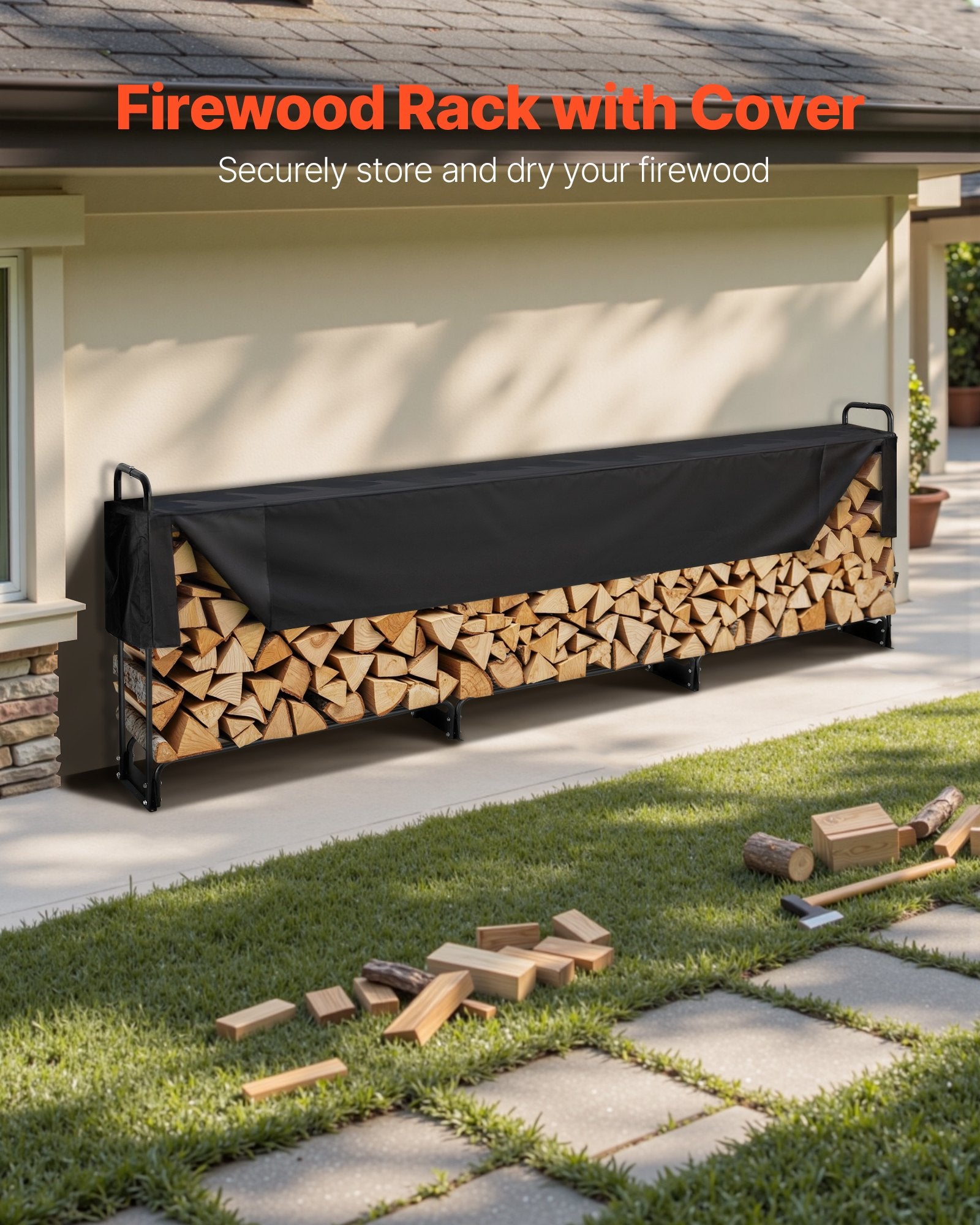 Firewood Rack with Waterproof Cover, 383 x 36 x 117 cm Outdoor Firewood Holder, 660lb Weight Capacity, 1/2 Cord Log Holder, Half-Covered, Powder-coated Wood Storage Rack for Fireplace Deck