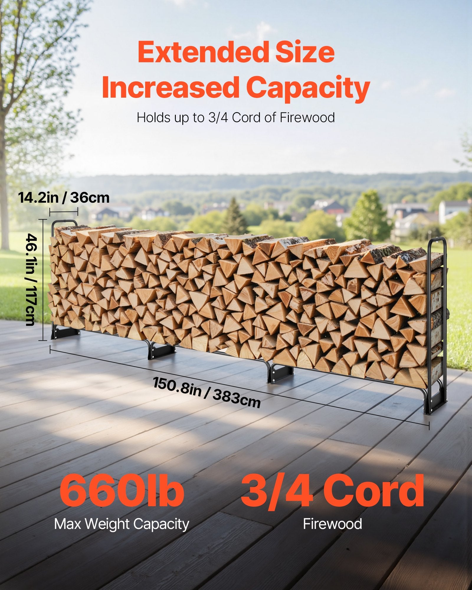 Firewood Rack with Waterproof Cover, 383 x 36 x 117 cm Outdoor Firewood Holder, 660lb Weight Capacity, 1/2 Cord Log Holder, Half-Covered, Powder-coated Wood Storage Rack for Fireplace Deck
