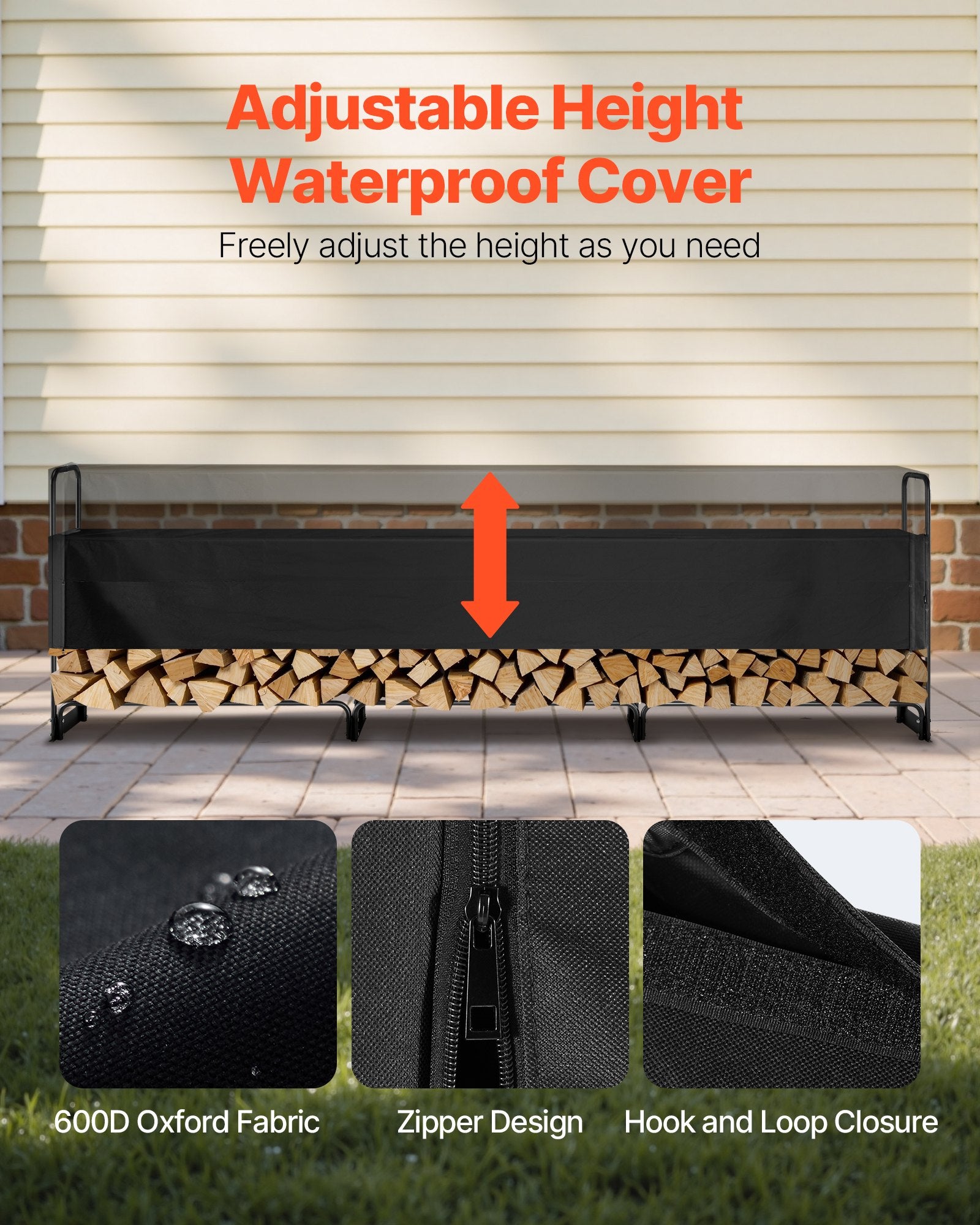 Firewood Rack with Waterproof Cover, 383 x 36 x 117 cm Outdoor Firewood Holder, 660lb Weight Capacity, 1/2 Cord Log Holder, Half-Covered, Powder-coated Wood Storage Rack for Fireplace Deck
