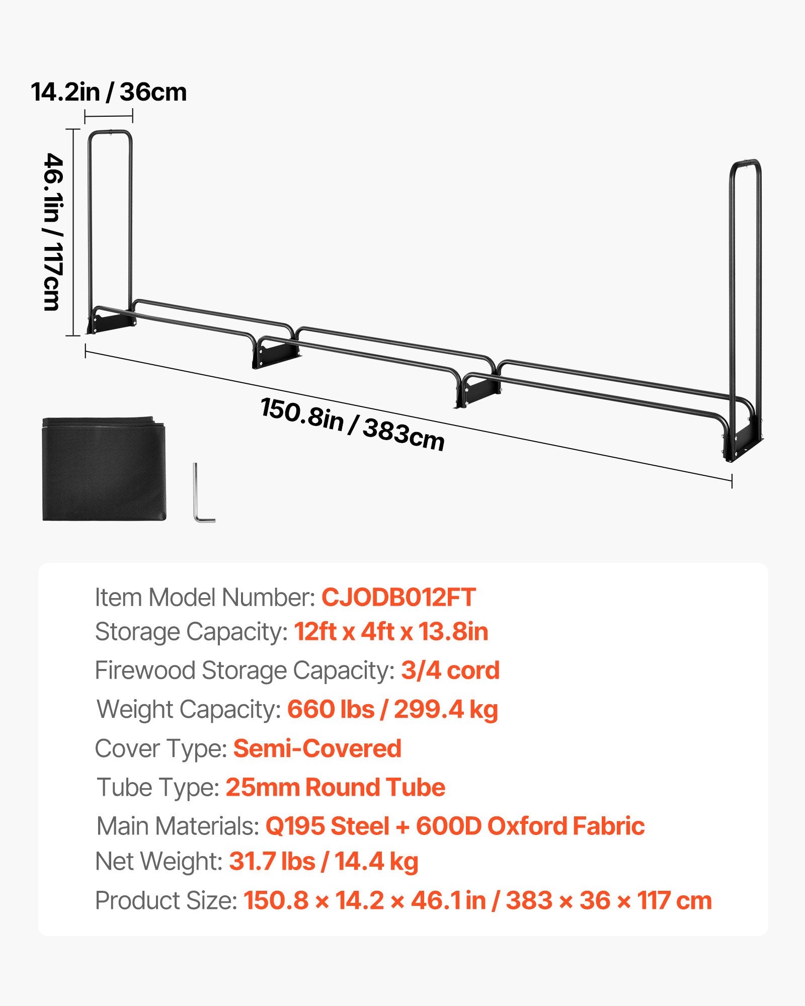 Firewood Rack with Waterproof Cover, 383 x 36 x 117 cm Outdoor Firewood Holder, 660lb Weight Capacity, 1/2 Cord Log Holder, Half-Covered, Powder-coated Wood Storage Rack for Fireplace Deck