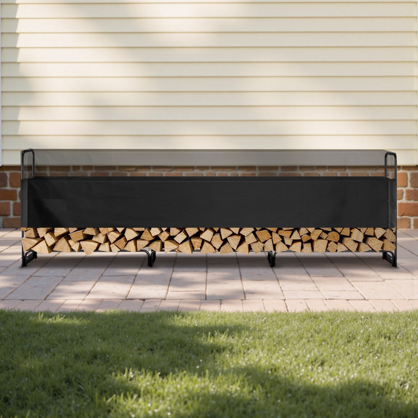 Firewood Rack with Waterproof Cover, 383 x 36 x 117 cm Outdoor Firewood Holder, 660lb Weight Capacity, 1/2 Cord Log Holder, Half-Covered, Powder-coated Wood Storage Rack for Fireplace Deck