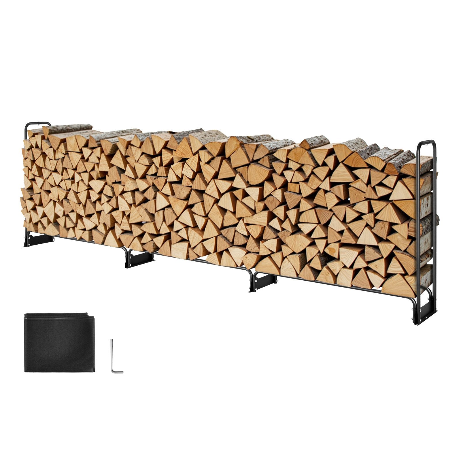 Firewood Rack with Waterproof Cover, 383 x 36 x 117 cm Outdoor Firewood Holder, 660lb Weight Capacity, 1/2 Cord Log Holder, Half-Covered, Powder-coated Wood Storage Rack for Fireplace Deck