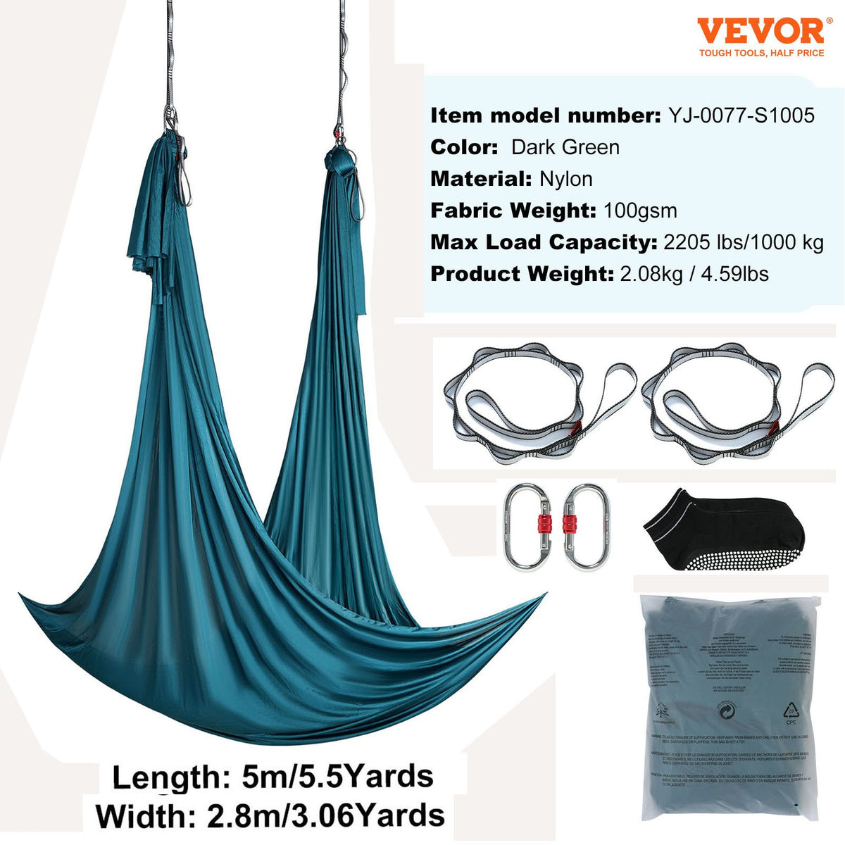 Aerial Yoga Hammock & Swing, 5 m Length Aerial Yoga Starter Kit with 100gsm Nylon Fabric, Full Rigging Hardware & Easy Set-up Guide, Antigravity Flying for All Levels Fitness Bodybuilding, Green