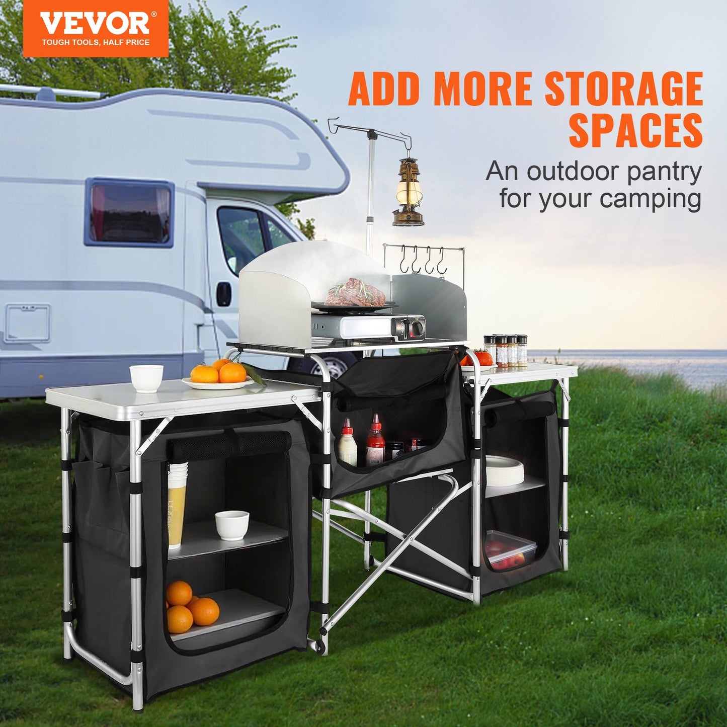 Camping Kitchen Table, Folding Outdoor Cooking Table with Storage Carrying Bag, Aluminum Cook Station 3 Cupboard & Detachable Windscreen, Quick Set-up for Picnics, BBQ, RV Traveling, Black