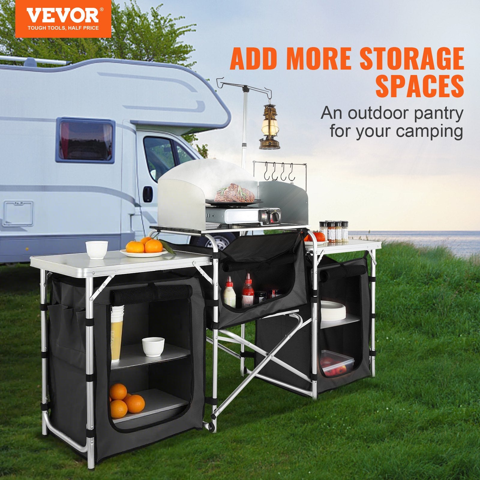 Camping Kitchen Table, Folding Outdoor Cooking Table with Storage Carrying Bag, Aluminum Cook Station 3 Cupboard & Detachable Windscreen, Quick Set-up for Picnics, BBQ, RV Traveling, Black