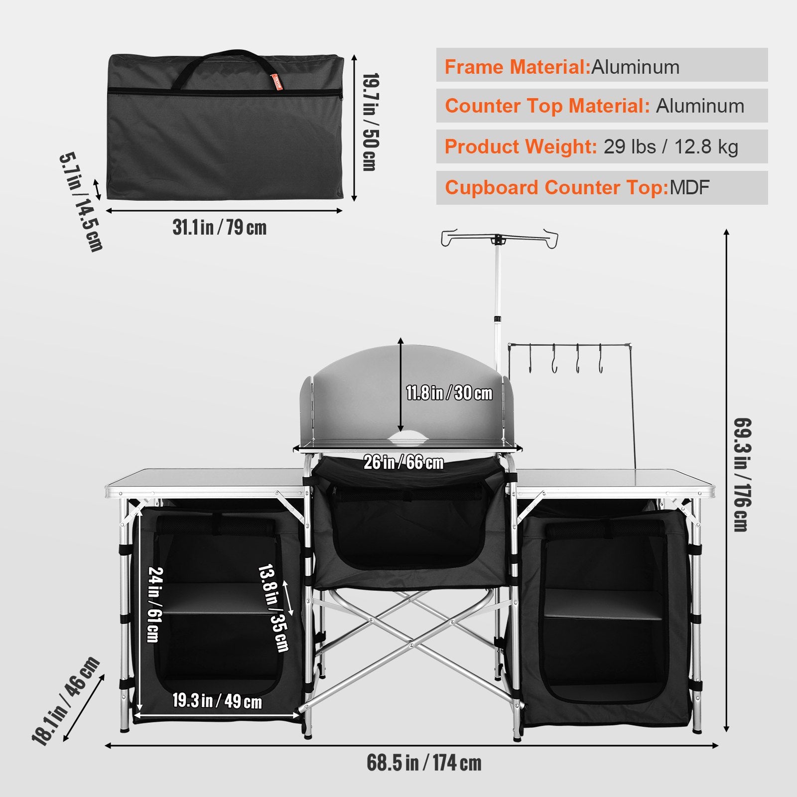 Camping Kitchen Table, Folding Outdoor Cooking Table with Storage Carrying Bag, Aluminum Cook Station 3 Cupboard & Detachable Windscreen, Quick Set-up for Picnics, BBQ, RV Traveling, Black
